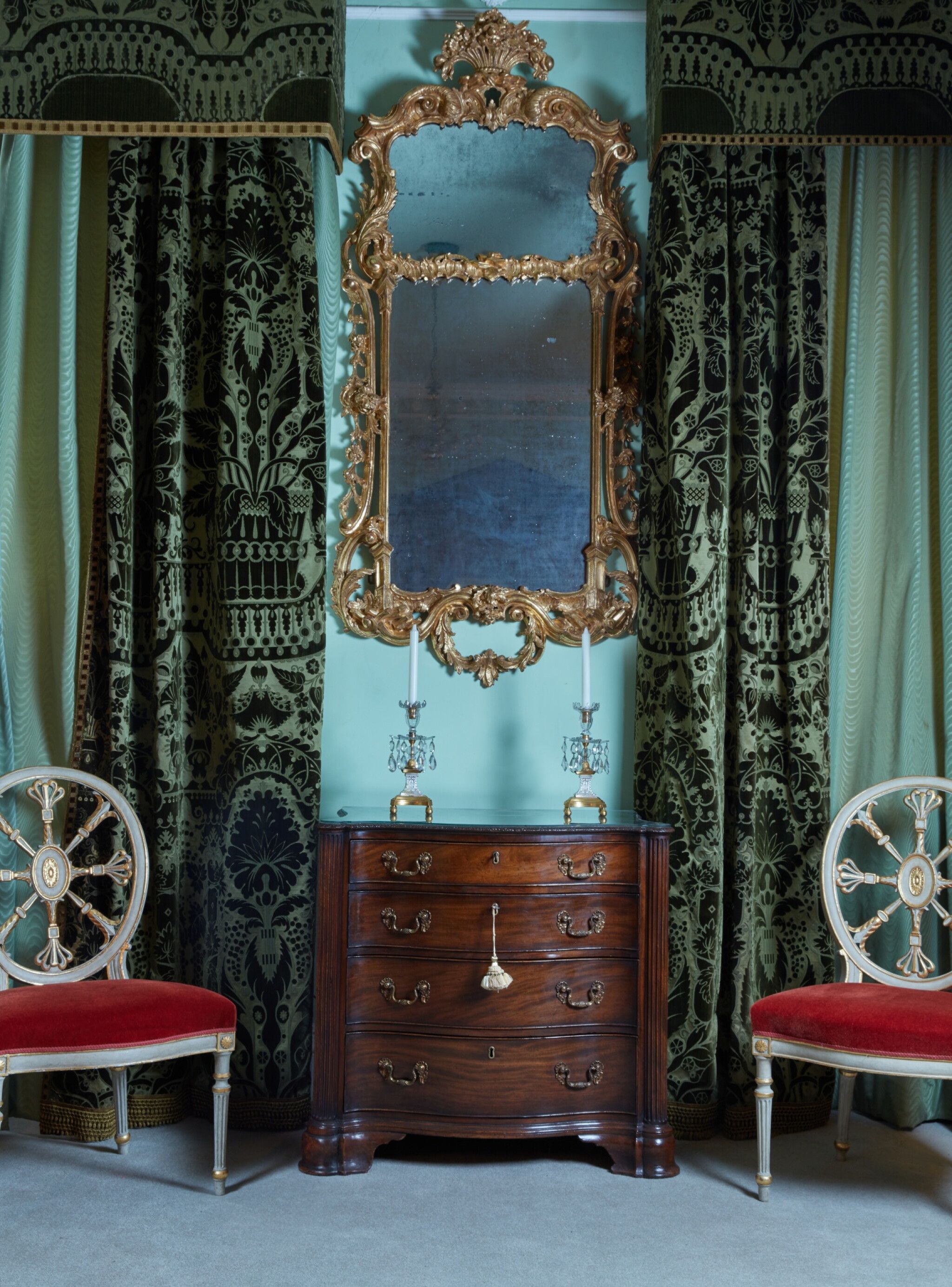 2048x2766 Two pairs of green velvet curtains with matching pelmets, together