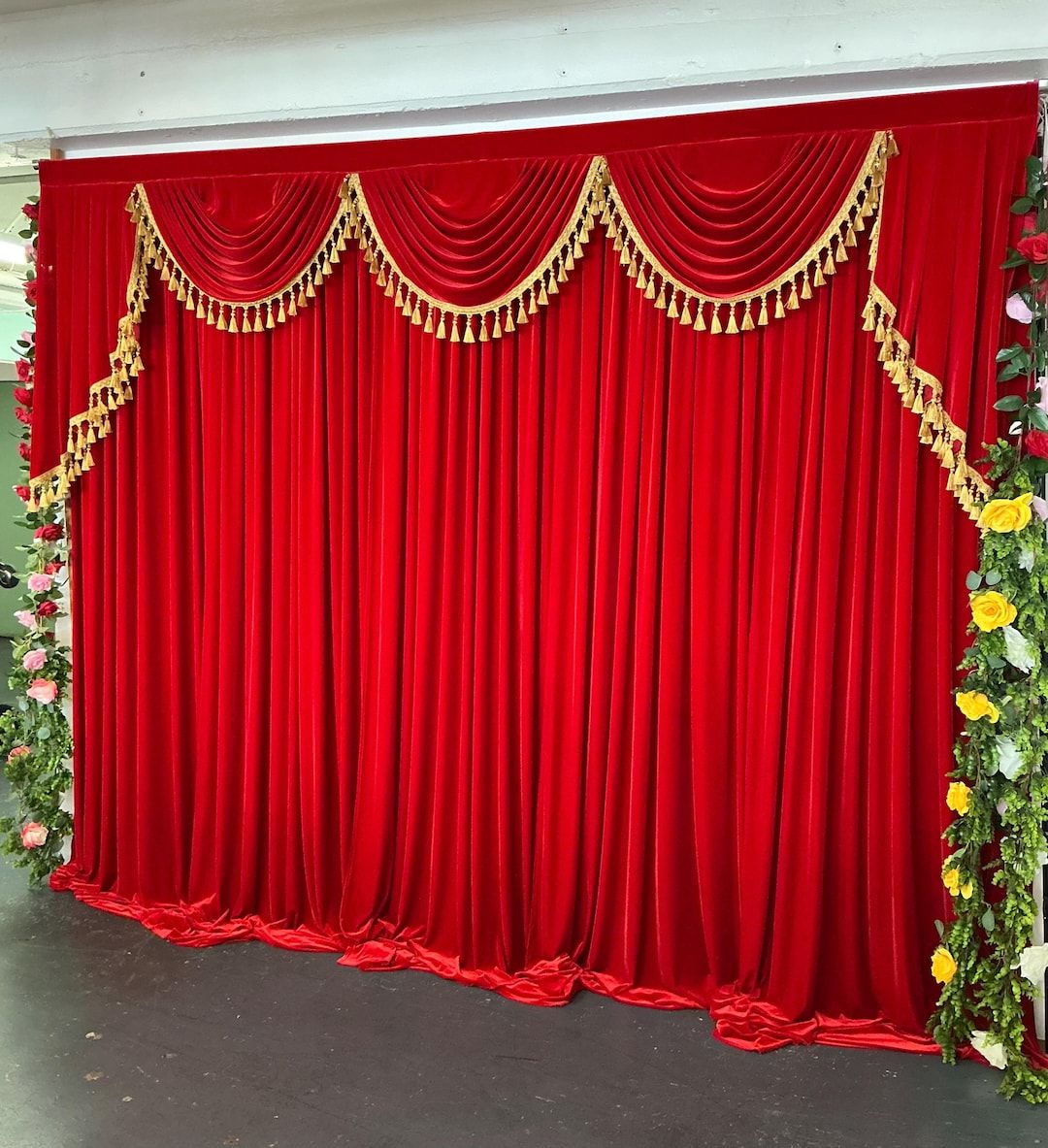 1080x1183 Velvet Backdrop Curtain With Gold Tassel Trim, Event Photo Booth Decoration