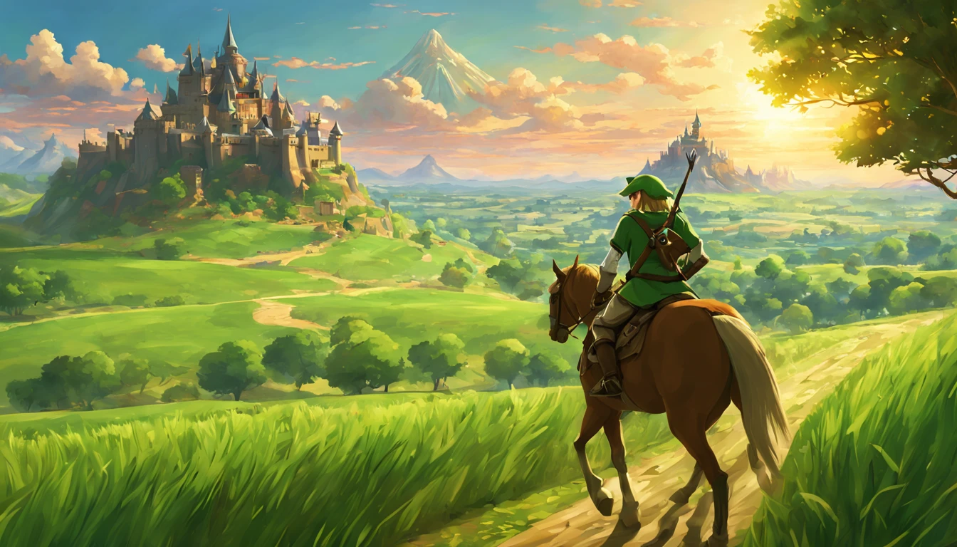 1344x768 Link from the legend of zelda riding epona, riding a horse, a bautiful landscape