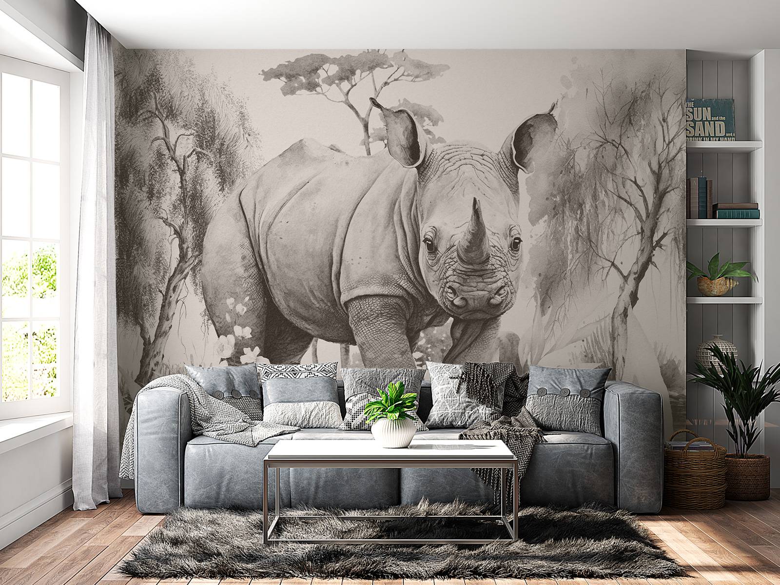 1600x1200 Baby rhino on the savannah beige