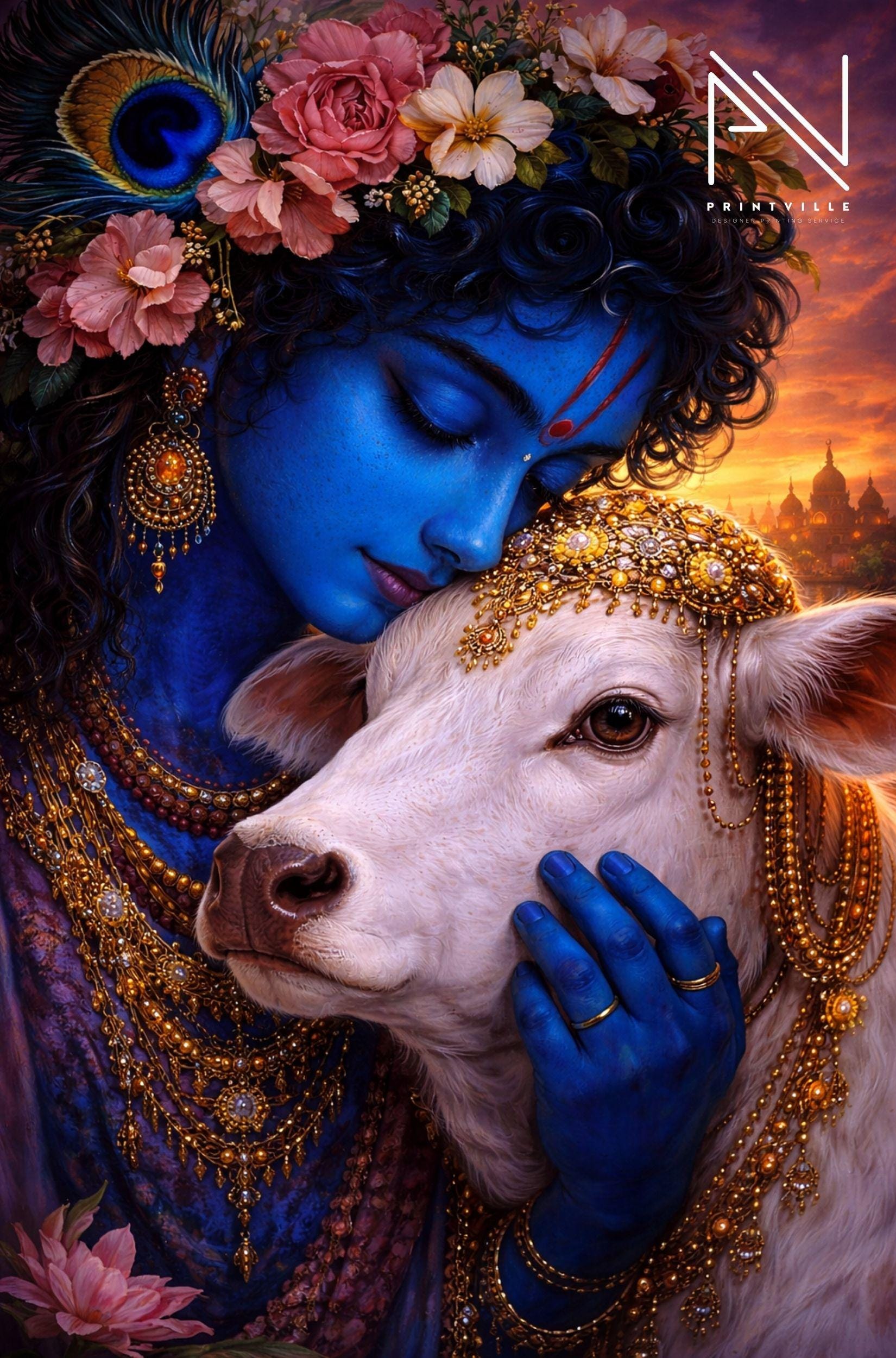1650x2500 Lord Krishna With Cow Wall Art. Shree Krishna Love Painting. Hindu Spiritual Cow Artwork