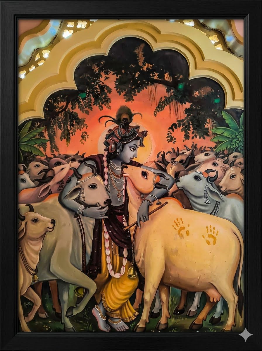 896x1200 Lord Krishna with Cow Wall Art Painting. Shree Krishna Gau Mata Spiritual Poster. Hindu God Religious Wall Decor for Pooja Room, Living Room, Temple Decoration : Amazon.in: Home & Kitchen