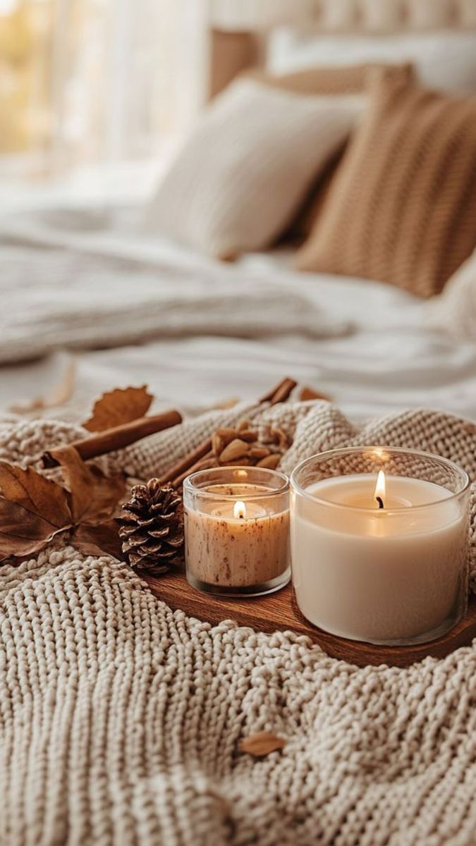 675x1200 Cosy fall candle. Cozy fall bed picture, Cute fall wallpaper candle, Fall aesthetic neutral