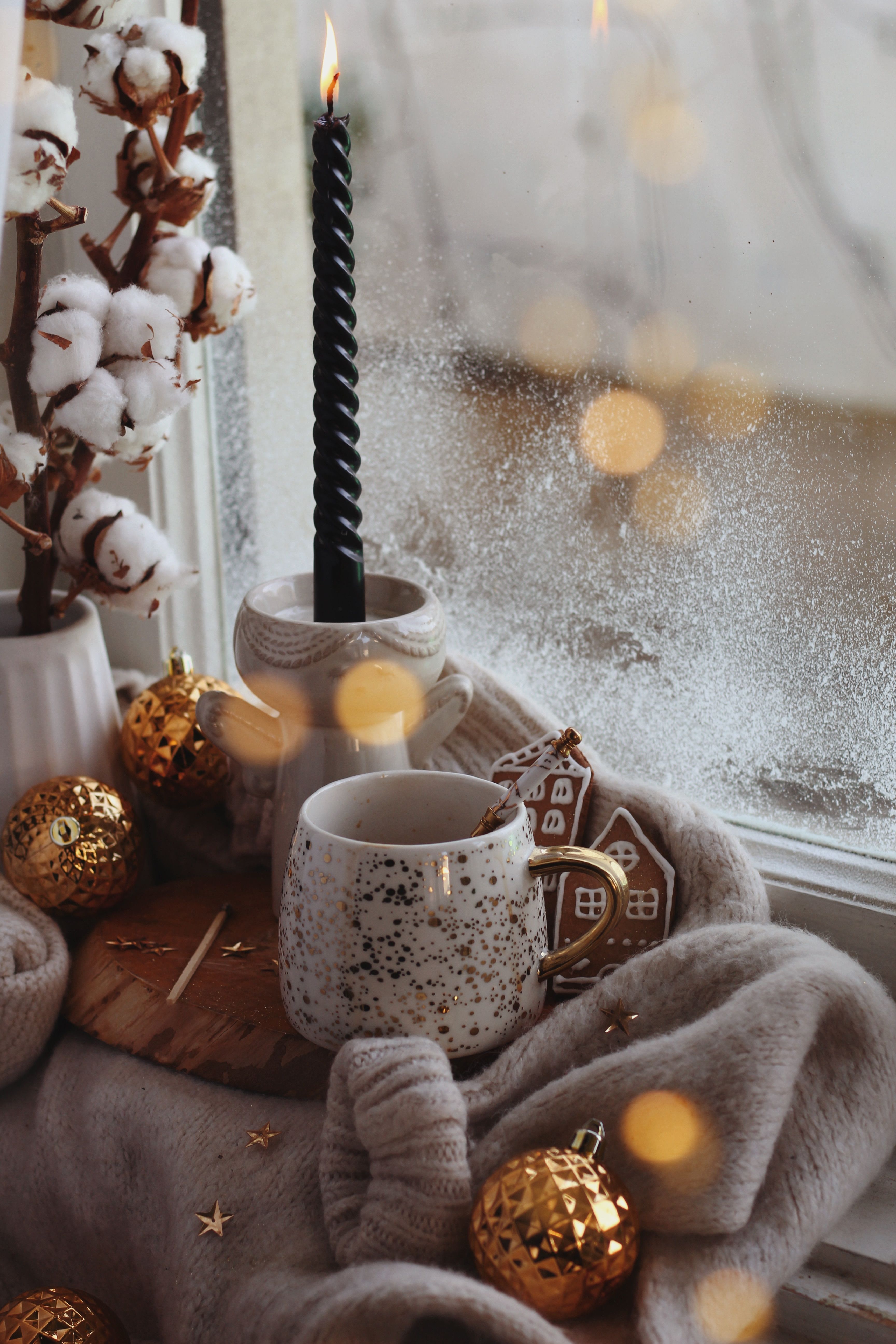 3456x5184 Winter Home Decor with Candle and Cotton Plant · Free