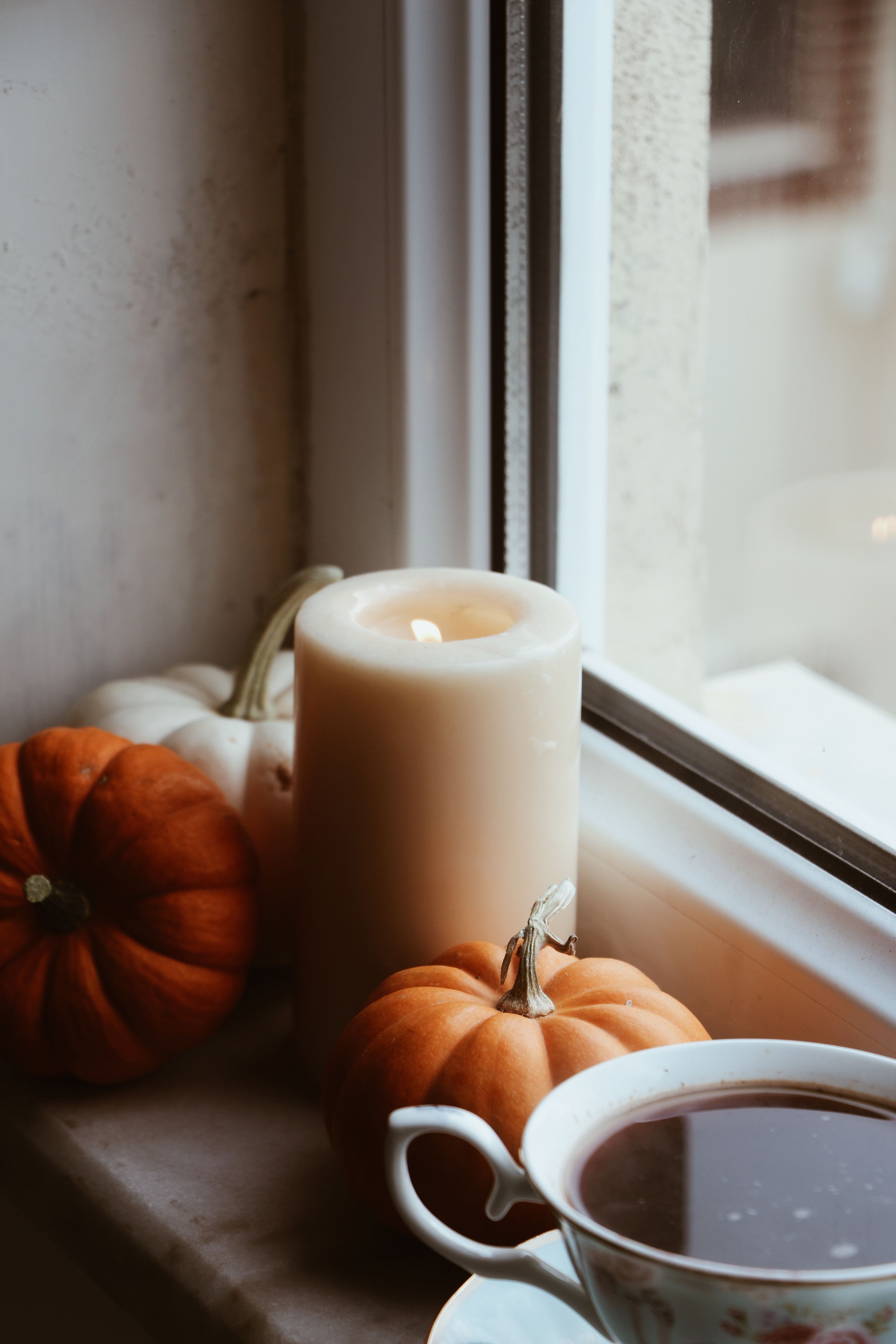 3648x5472 Cozy Autumn Vignette with Pumpkins and Candle · Free