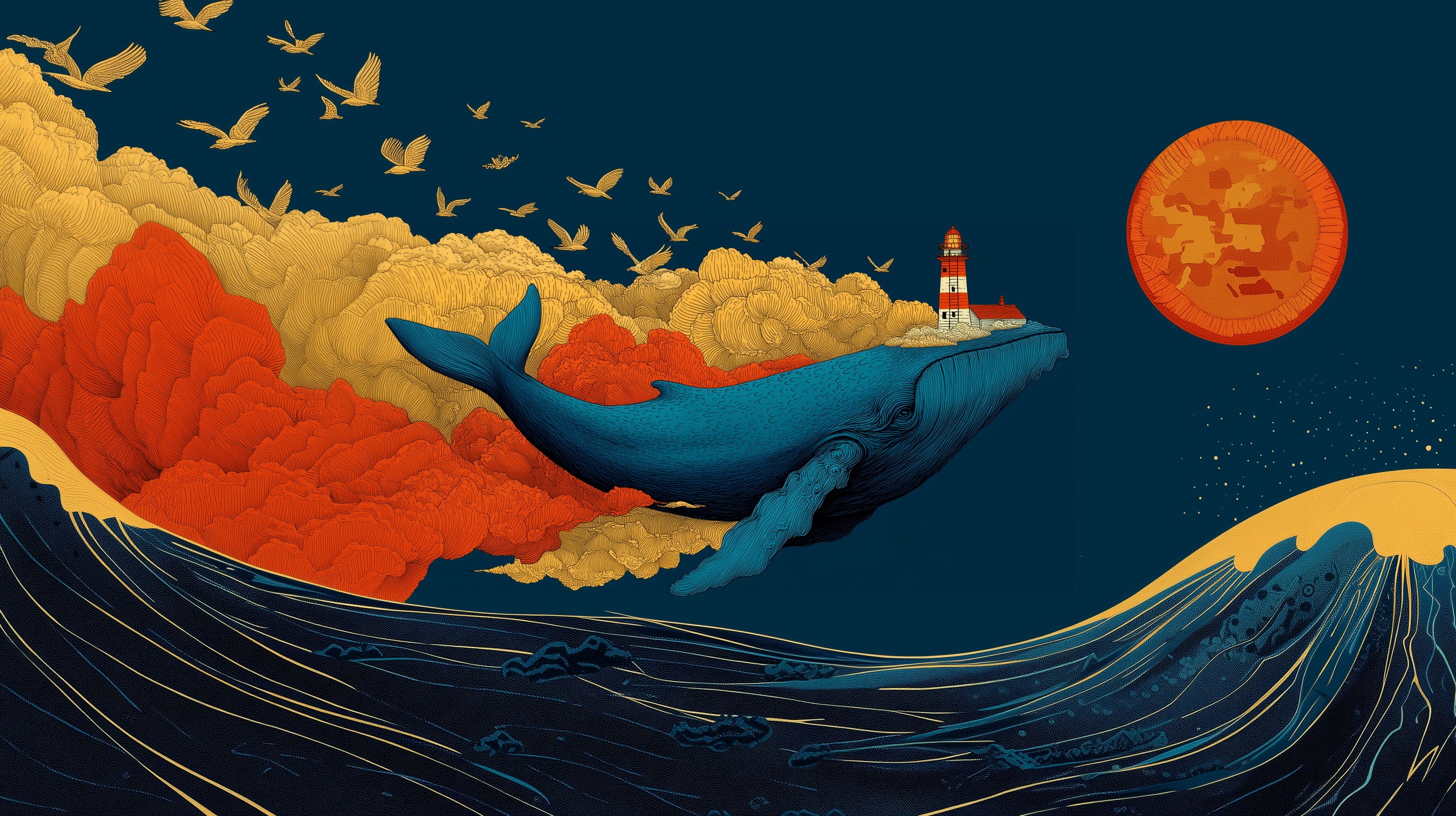 2912x1632 Dark Abstract Whale Wall Mural In Mid Century Ocean Blue And Orange Colorful Wallpaper