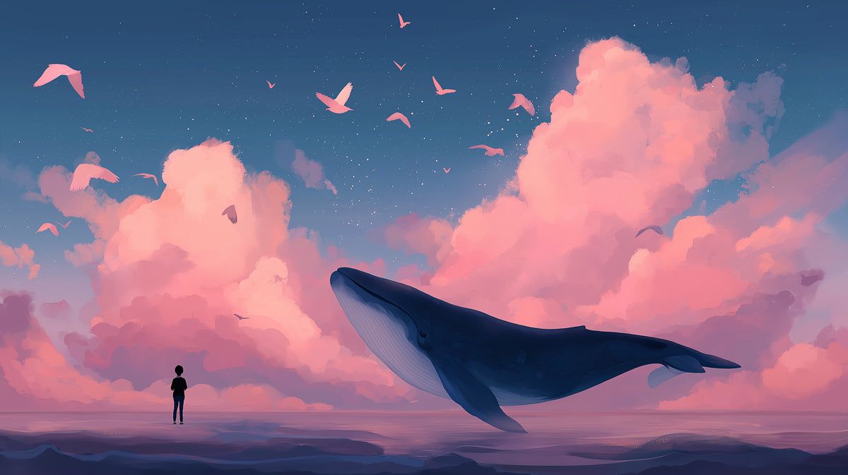 1200x673 Flying Whale and Pink Clouds Mural Wallpaper