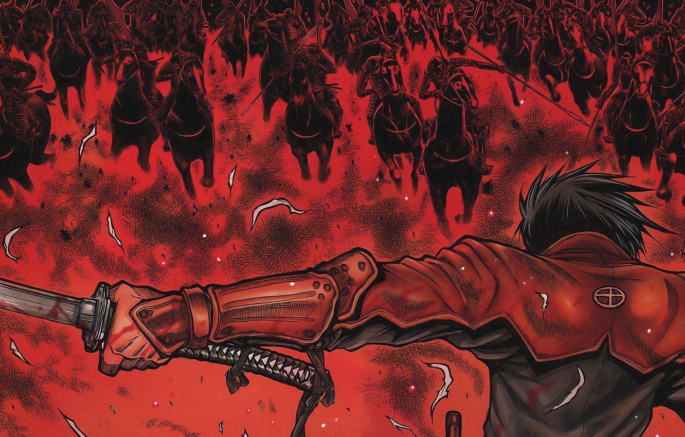 1332x850 Wallpaper wallpaper, battlefield, red, sword, blood, game, armor, war, anime, katana, man, ken, horse, samurai, hero, asian image for desktop, section прочее