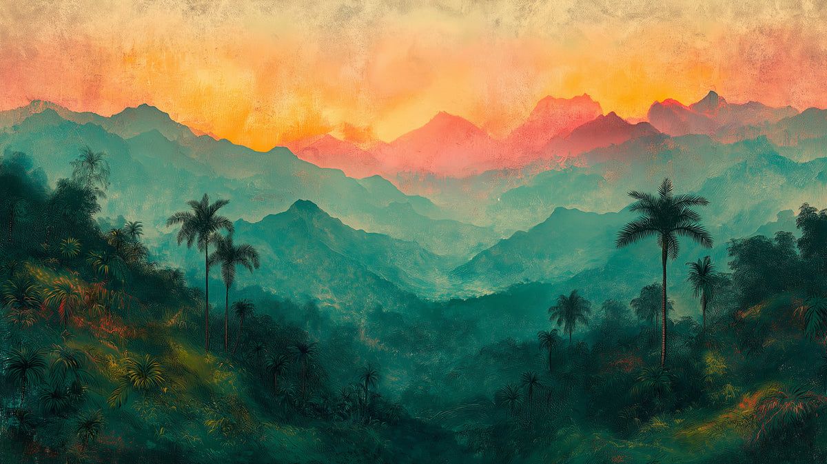 1200x673 Layered Tropical Mountains at Sunset Mural Wallpaper. Abstract Scenic Art