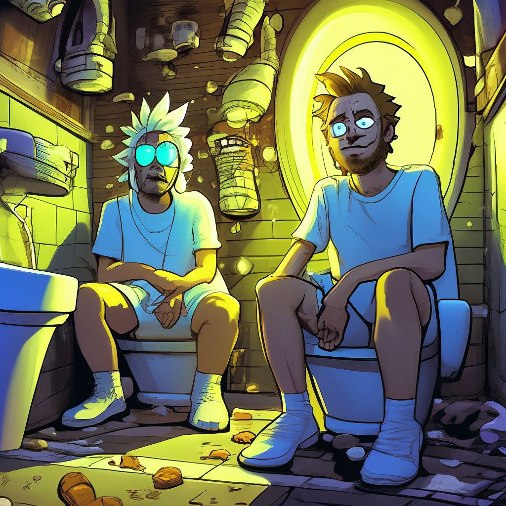 1024x1024 Rick and Morty are in the toilet, sitting on the toilets, gorged on Fly agarics, seeing hallucinations, walls and
