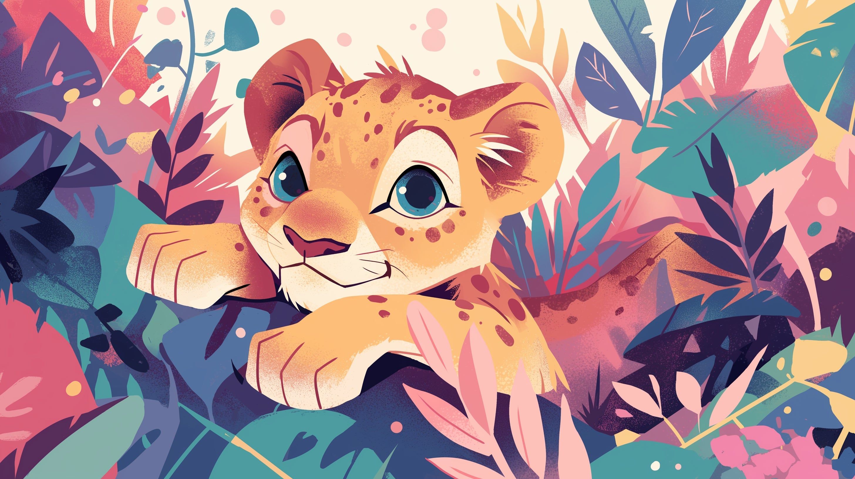2912x1632 Jungle Animal Mural Wallpaper. Baby Lion with Tropical Leaves