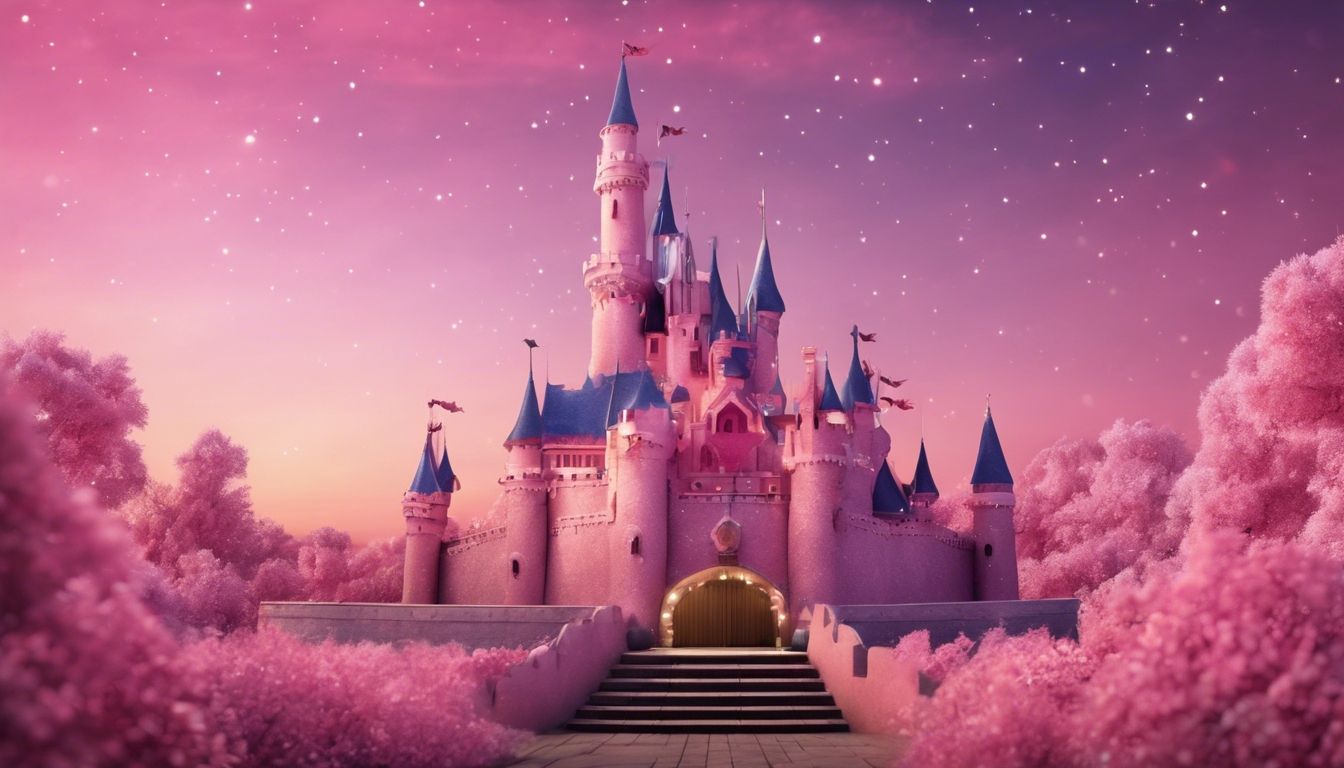 1344x768 A pink princess castle set against a twilight sky filled with sparkling stars. Wallpaper [69a5b5e95f1f46f59441]
