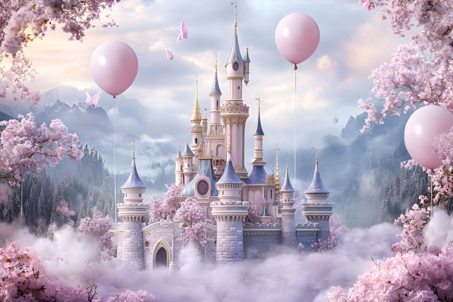 1500x1000 Spring Picture Backdrop Royal Castle Cherry Bloom Backdrop LXX1 159