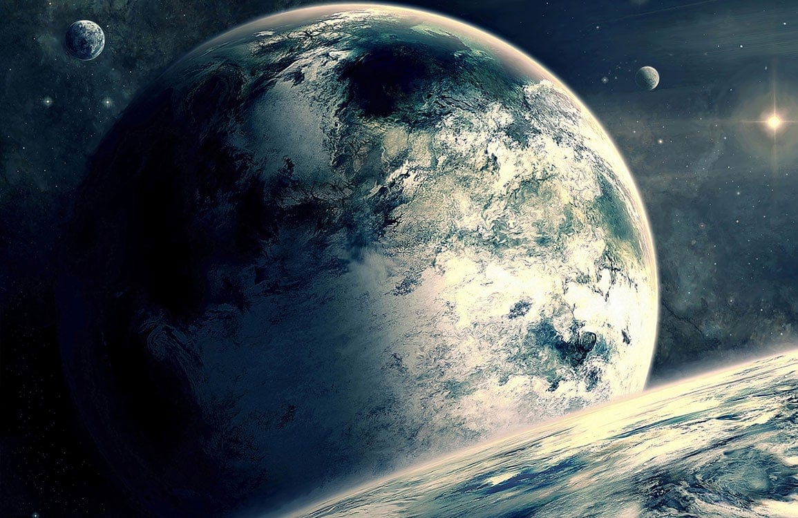 1155x750 Galactic Planetary View Mural Wallpaper, Cosmic Blue Astral Landscape Design
