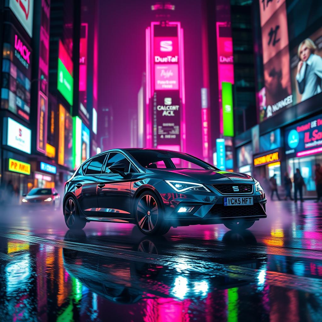 1024x1024 Sleek Night Drive: SEAT Leon FR MK5 in Cyberpunk City