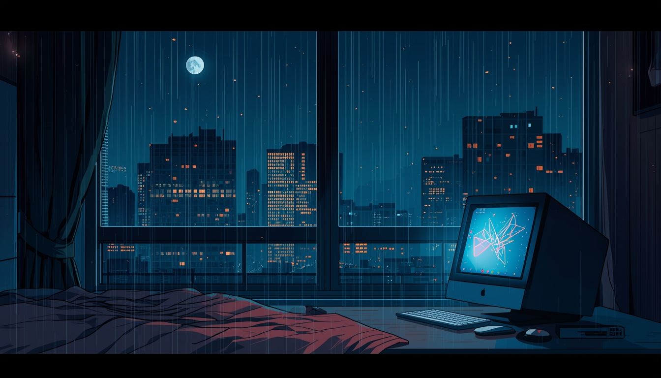 1344x768 lofi anime style cozy room night rain window