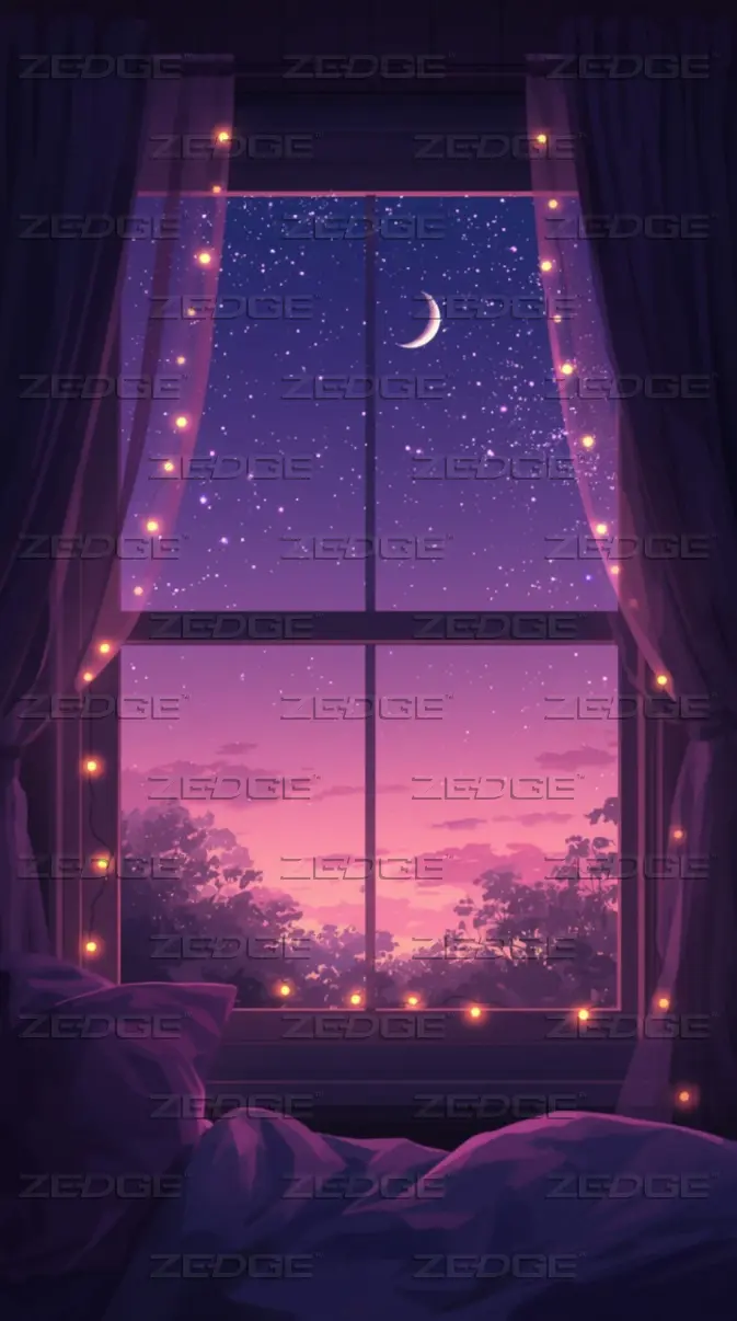 673x1206 Cozy Lofi Bedroom Window Twilight Moon Stars Wallpaper 4K wallpaper