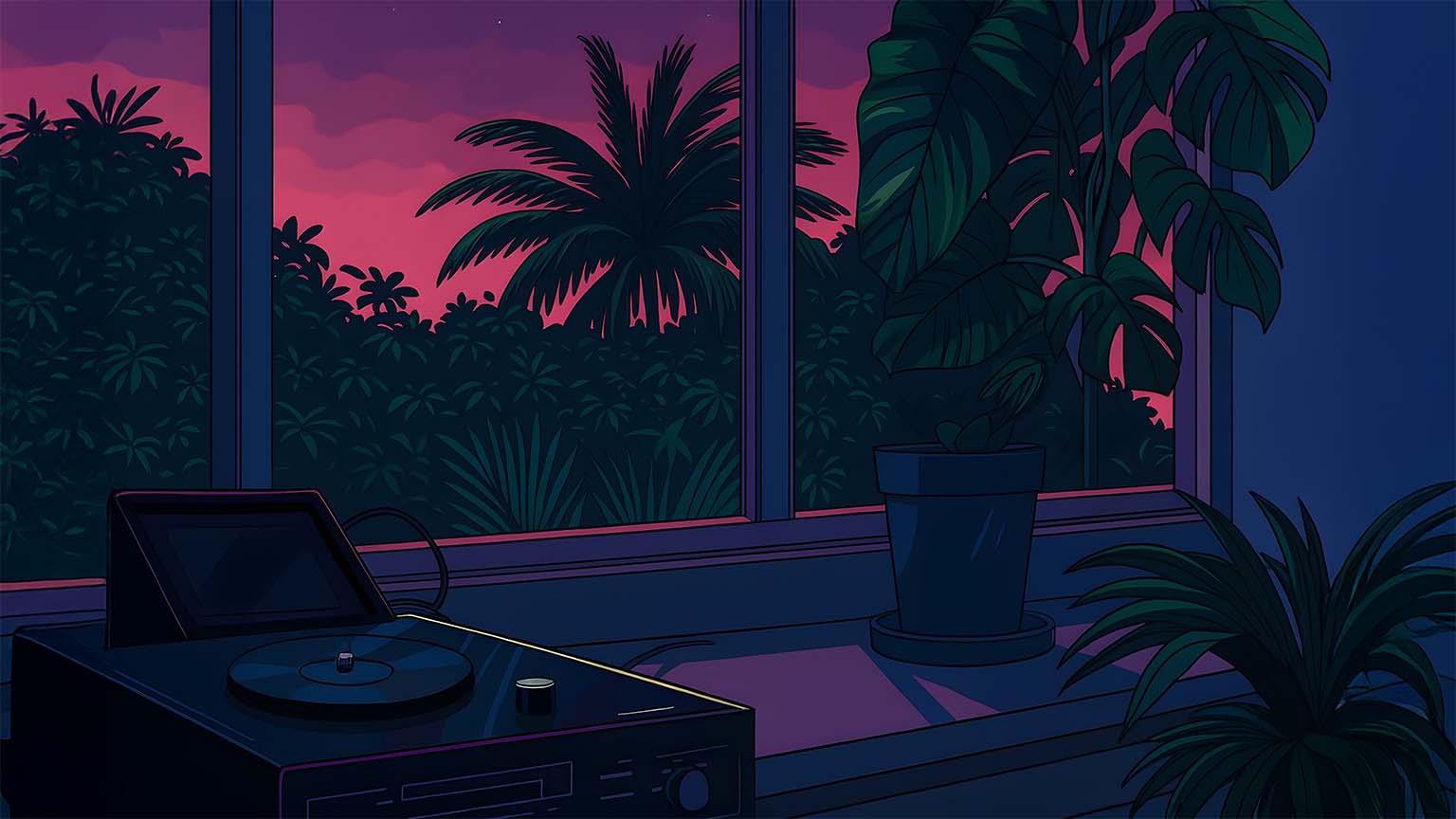 1536x864 Lo Fi Aesthetic Window Plants Night Desktop Wallpaper 4K & HD