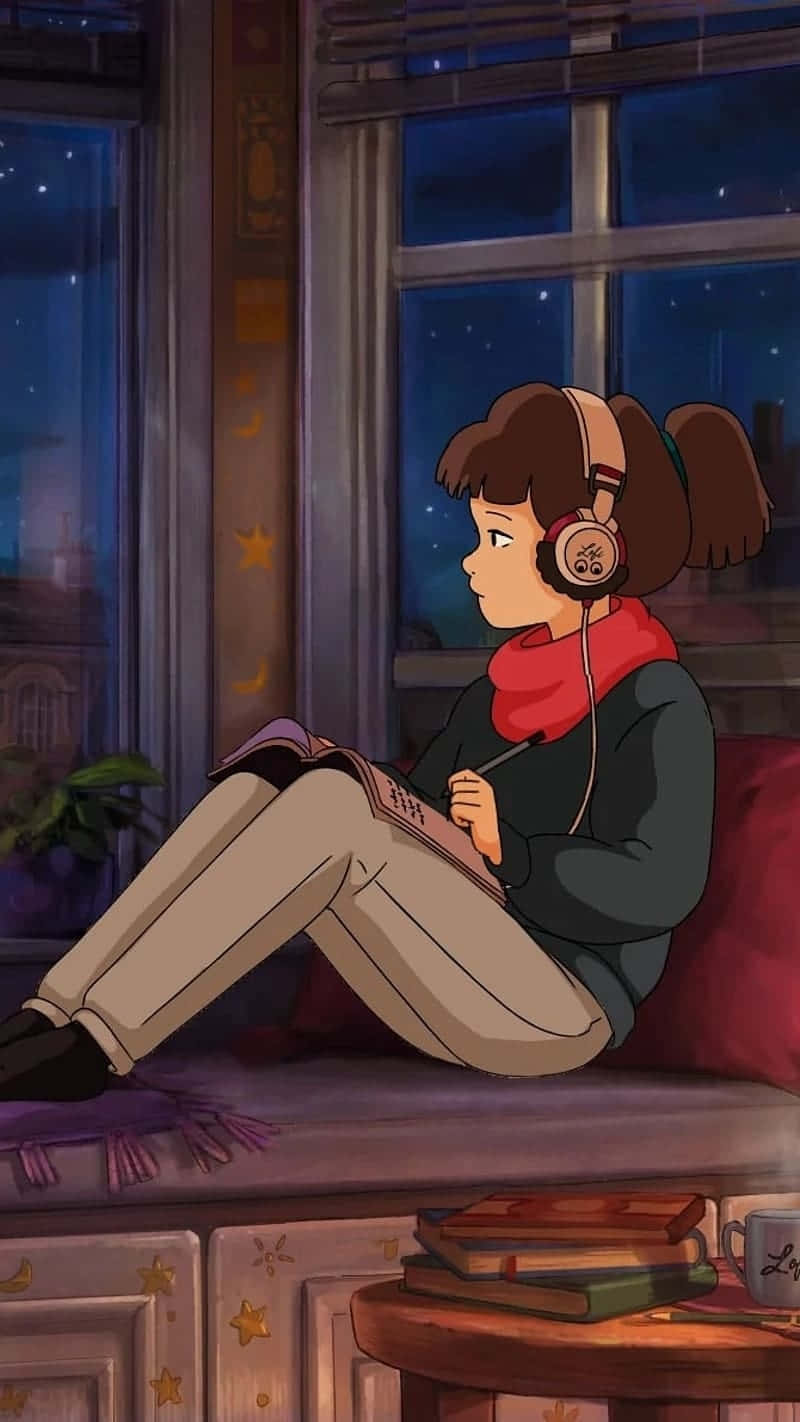 800x1422 Download Lofi Girl Studyingby Window Wallpaper