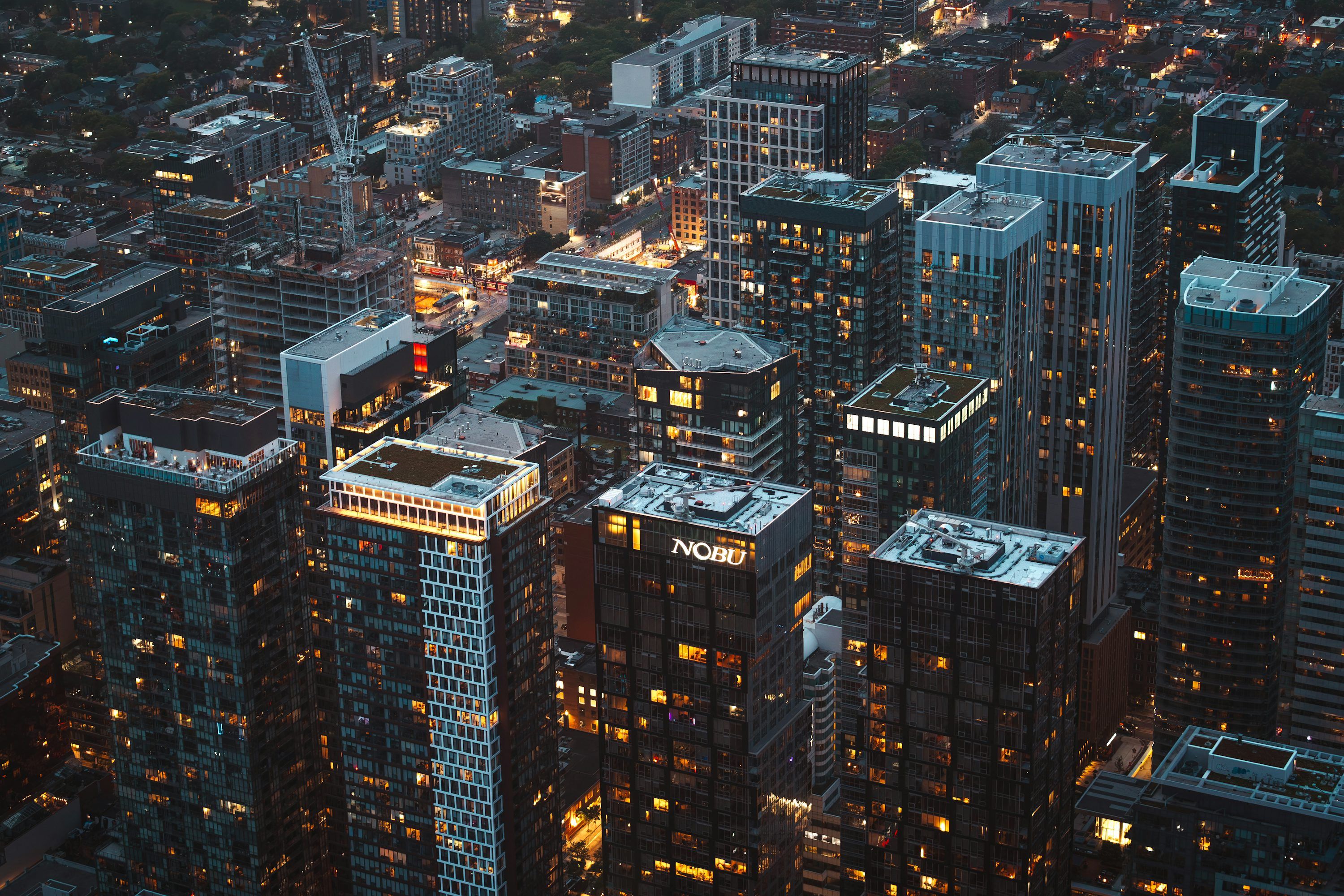 3000x2000 Aerial view of a city skyline at dusk