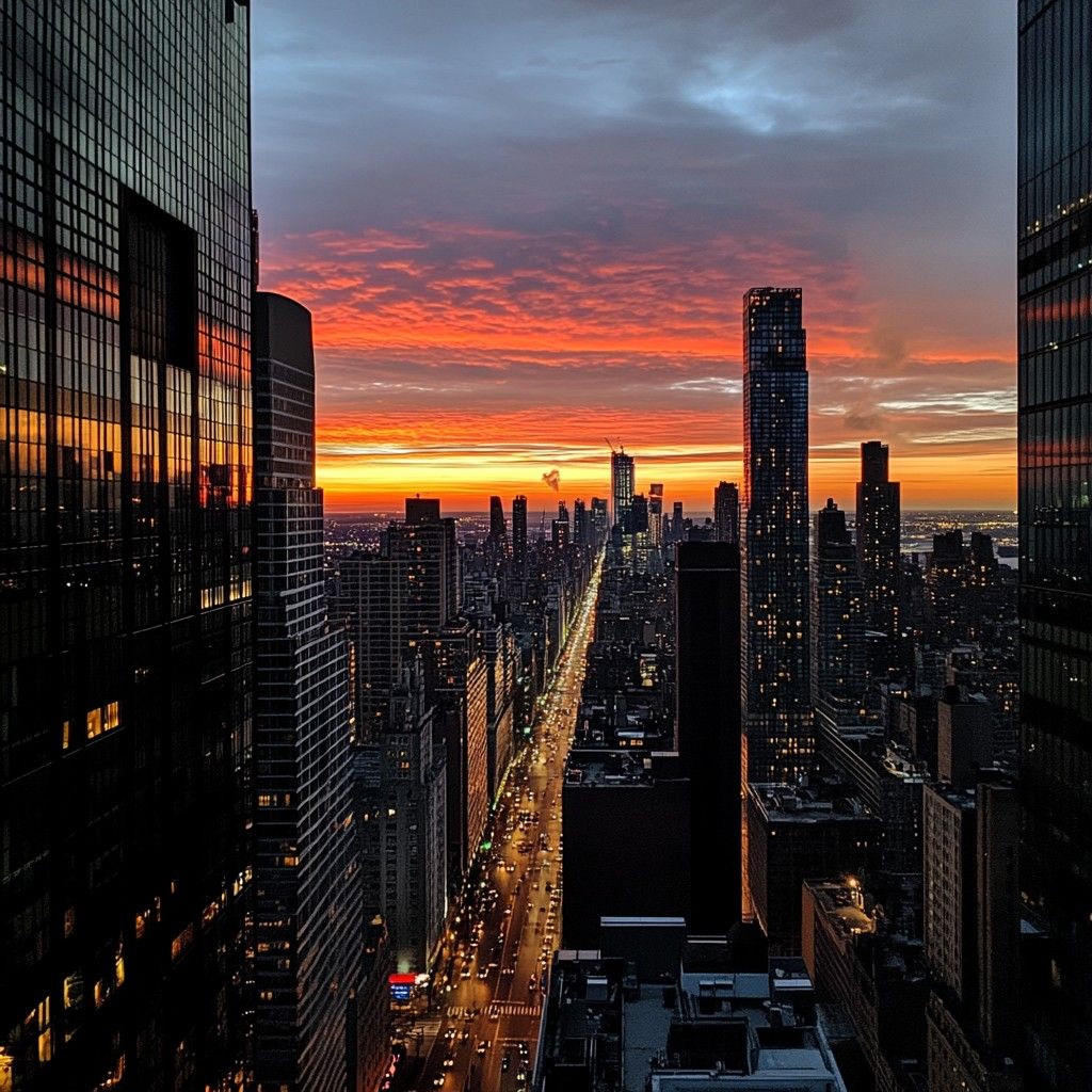 1024x1024 Download Sunset over city Image, Cityscape, Skyscrapers