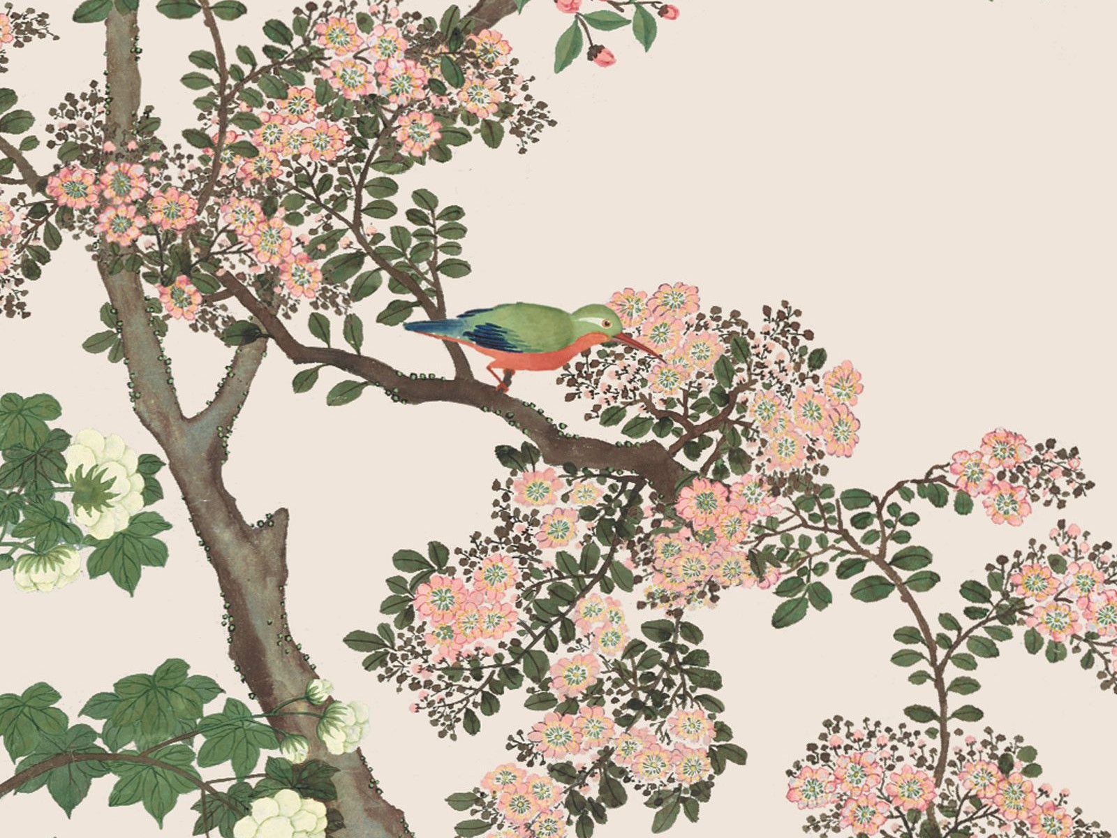 1600x1200 Chinese Wallpaper cream. Branches, birds, fruits and insects
