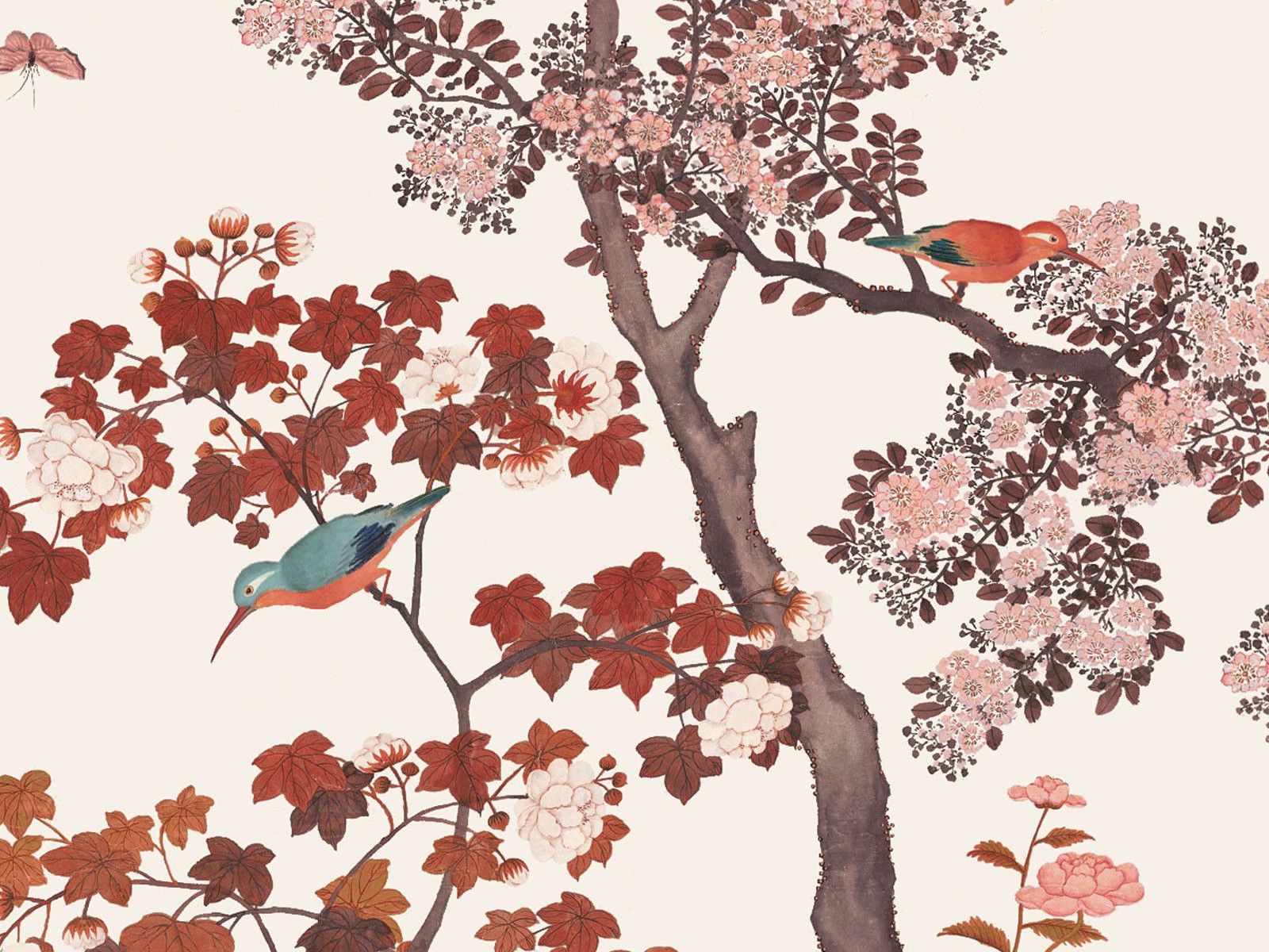 1600x1200 Chinese Wallpaper cream. Branches, birds, fruits and insects