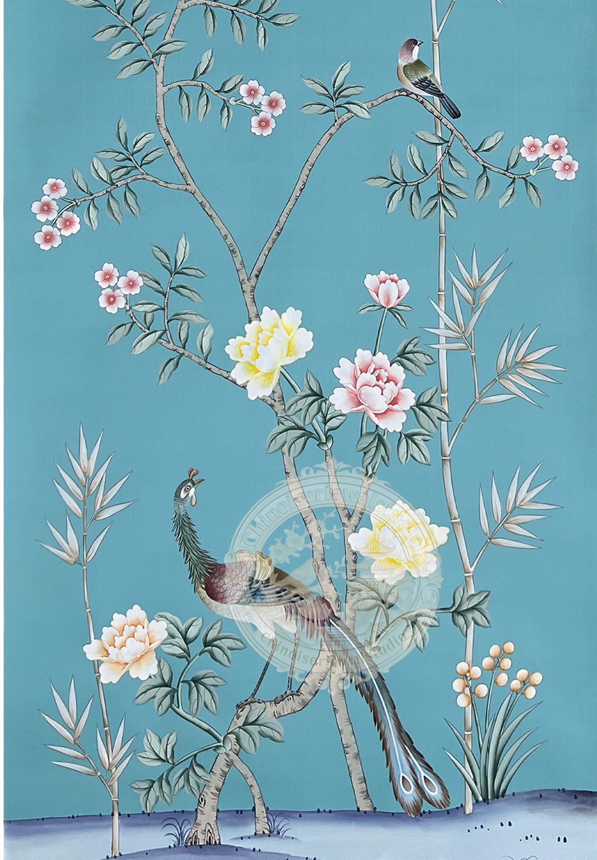 1964x2830 Blue Hand Painted Silk Wallpaper, Luxury Chinoiserie Bird Floral Mural, Oriental Garden Wallcovering, Custom Wallpaper, Embroidery Option