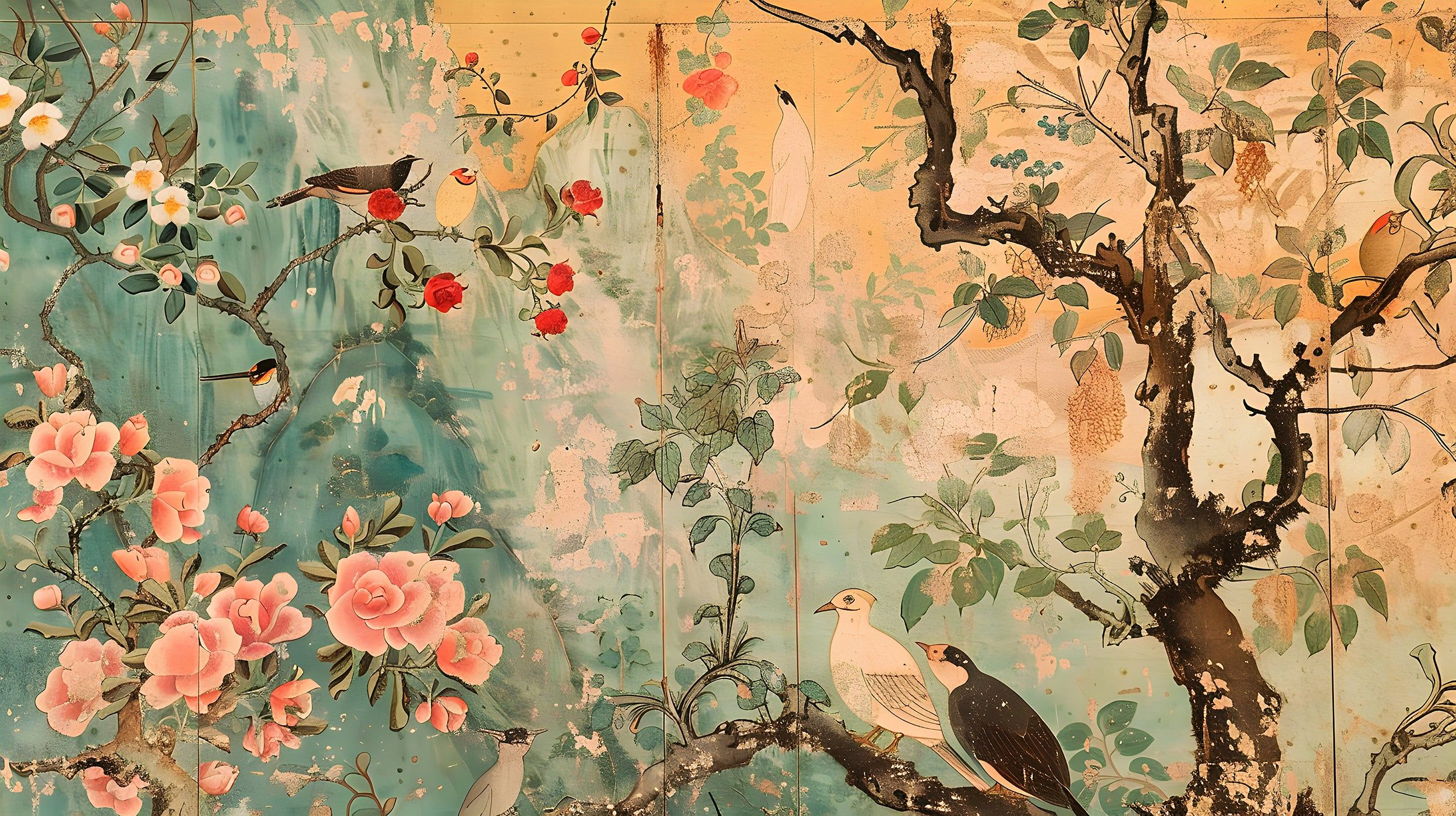2500x1401 Old Style Chinoiserie Wallpaper, Rustic Nature Mural, Peel and Stick Japanese Wallpaper, Removable Birds Flowers and Tree Wall Decor