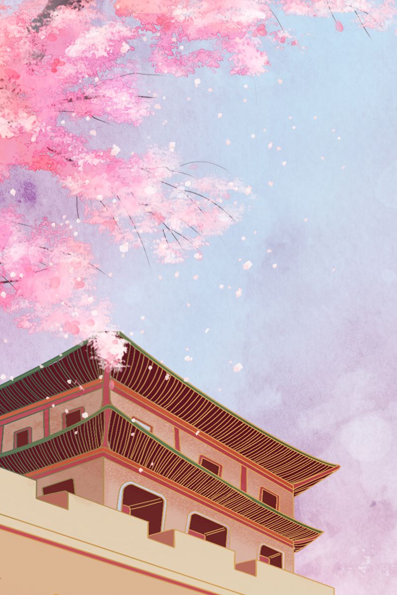 800x1199 Spring Building Pink Chinese Style Background. PSD Free Download