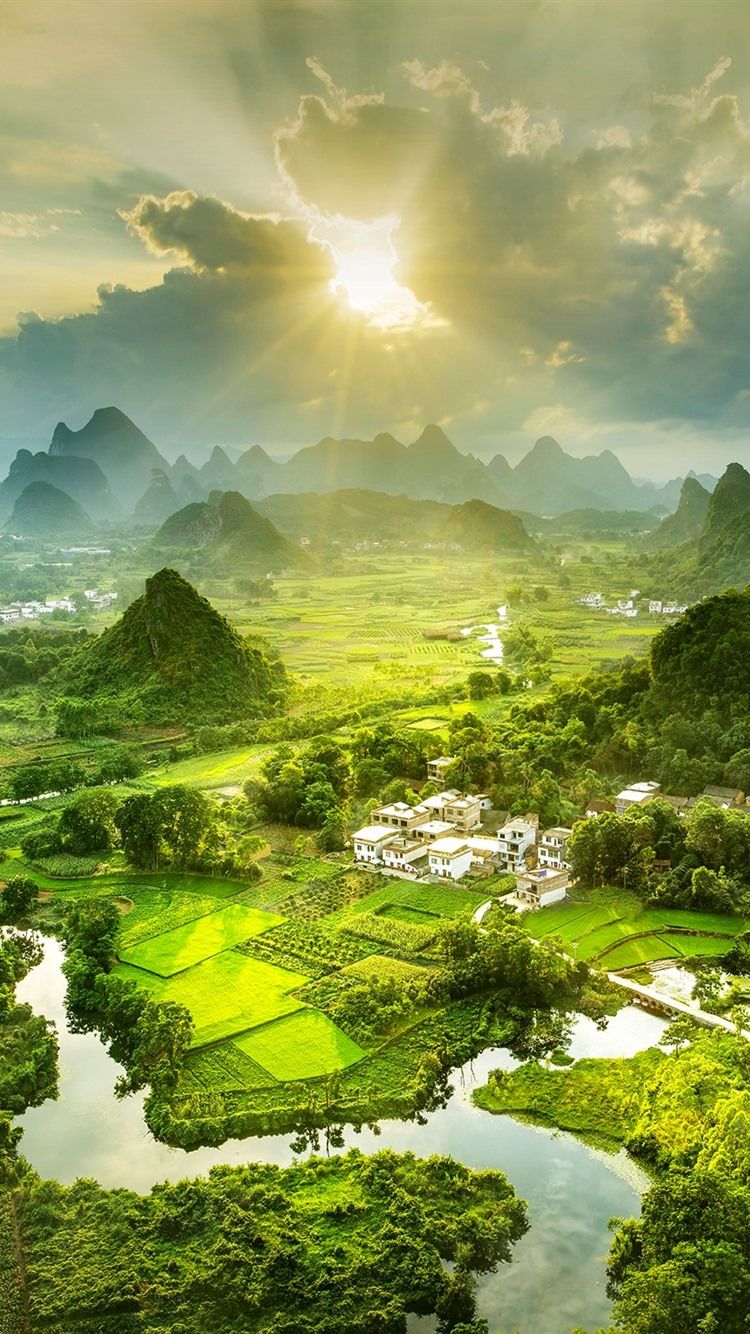 750x1334 Beautiful Countryside Landscape, Mountains, Village, River, Fog, Sunshine, China 750x1334 IPhone 8 7 6 6S Wallpaper, Background, Picture, Image