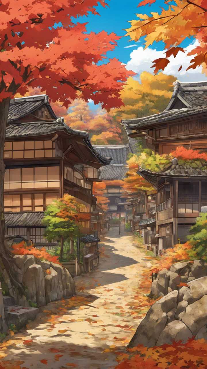 720x1280 Animated image of a traditional Japanese village surrounded by autumn leaves. Wallpaper [4f1c6a9561ae44ab8fc4]