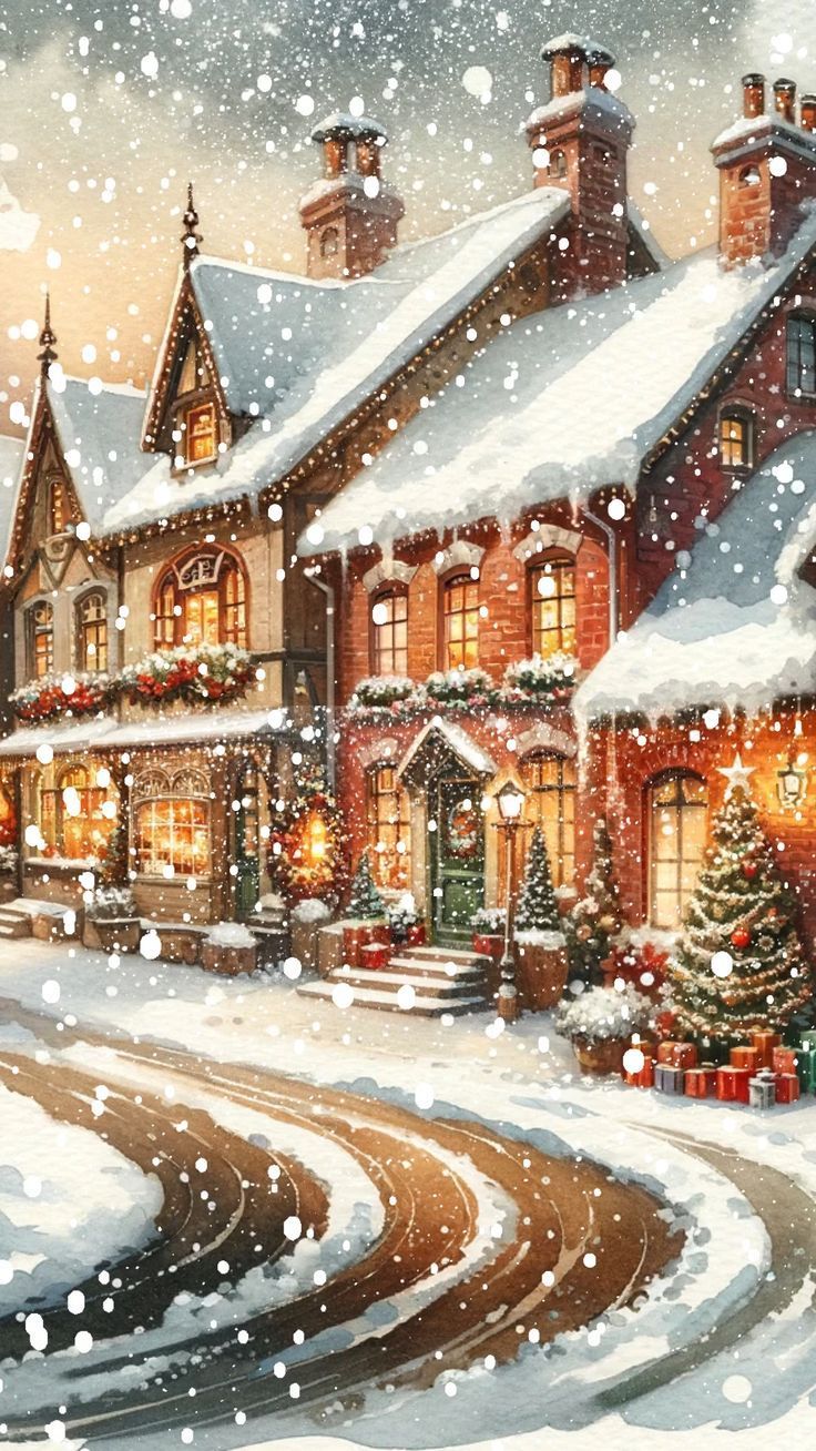736x1308 Christmas Wallpaper. Snow Falling in Village