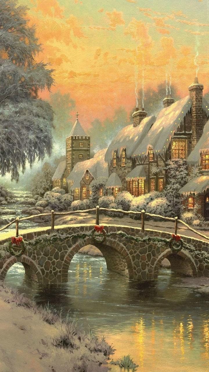 720x1280 Download Winter Village Artistic Painting Phone Wallpaper