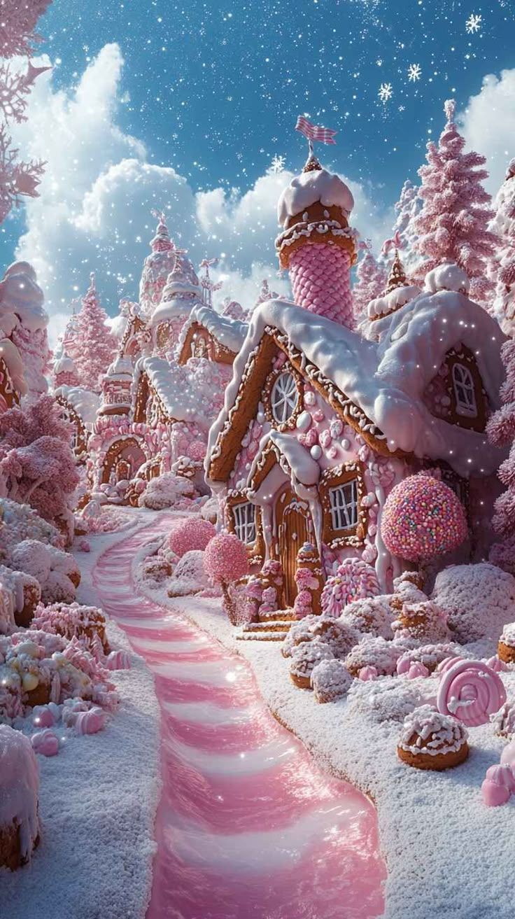 736x1313 Pink Gingerbread Village 8K Mobile Wallpaper: Christmas iPhone Background
