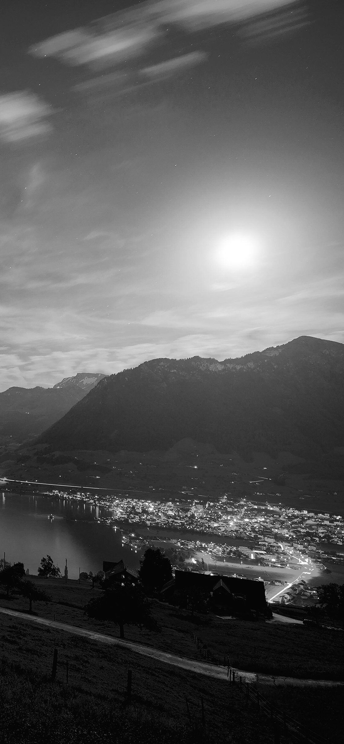 1125x2436 Lake Mountain Dark Bw City Village Night Light Nature iPhone Wallpaper