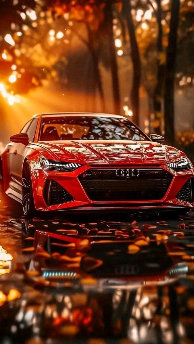 675x1200 Red Sports Car in Front of Forest at Night. Red audi fall scenery, Audi car autumn scenery, Red audi car in autumn forest