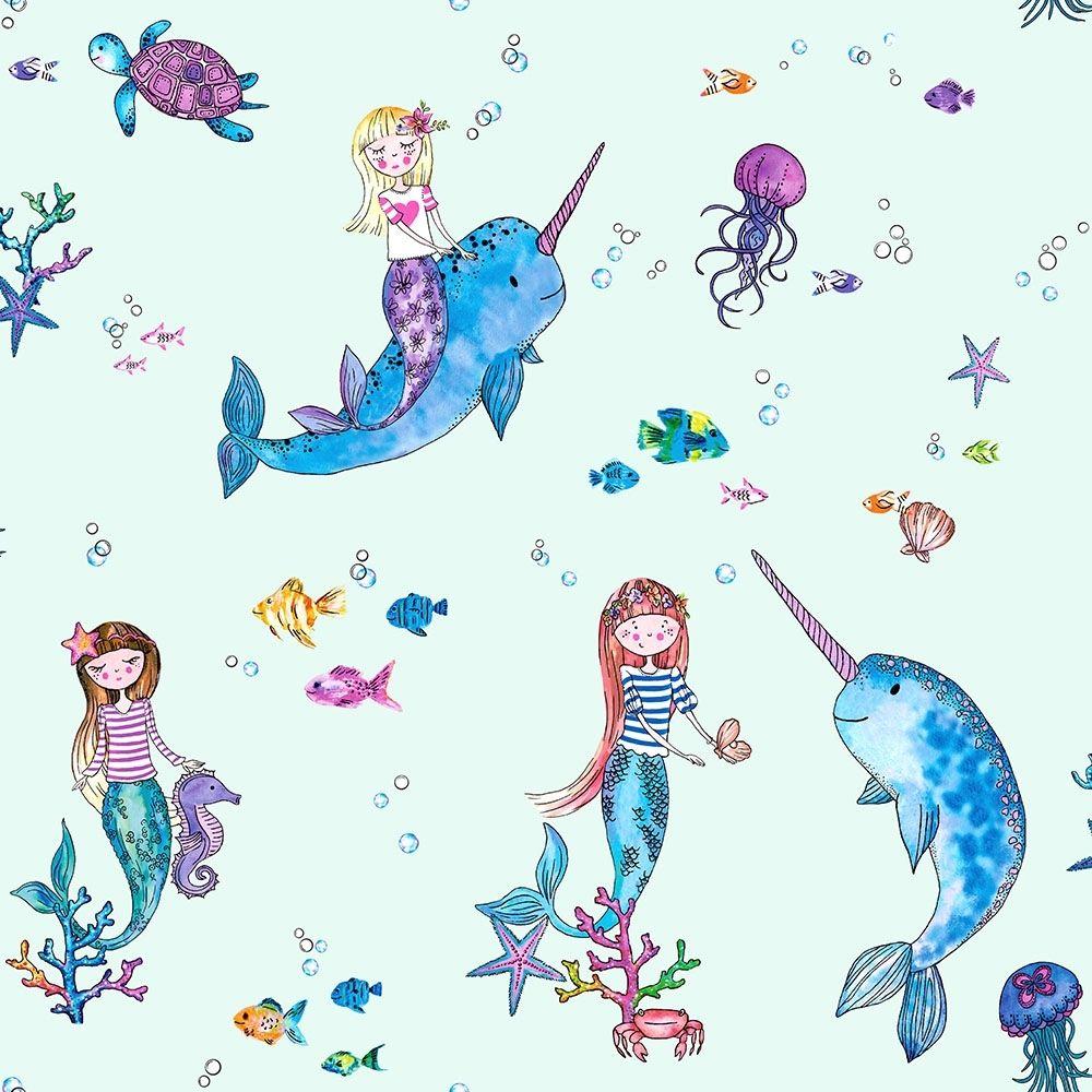 1000x1000 I Love Wallpaper Mermaid Unicorn Childrens Glitter Wallpaper Light Teal