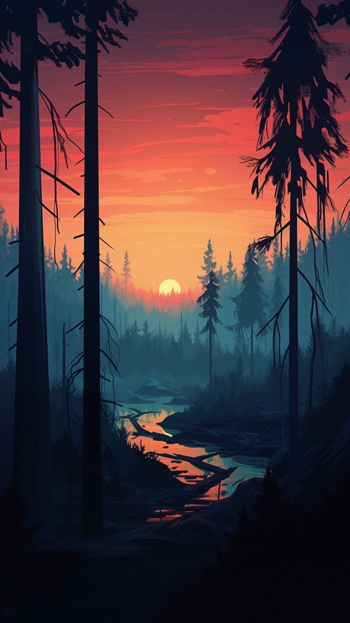 720x1280 Sunset over a River in the Woods. 예술, Basteln, Naturaleza