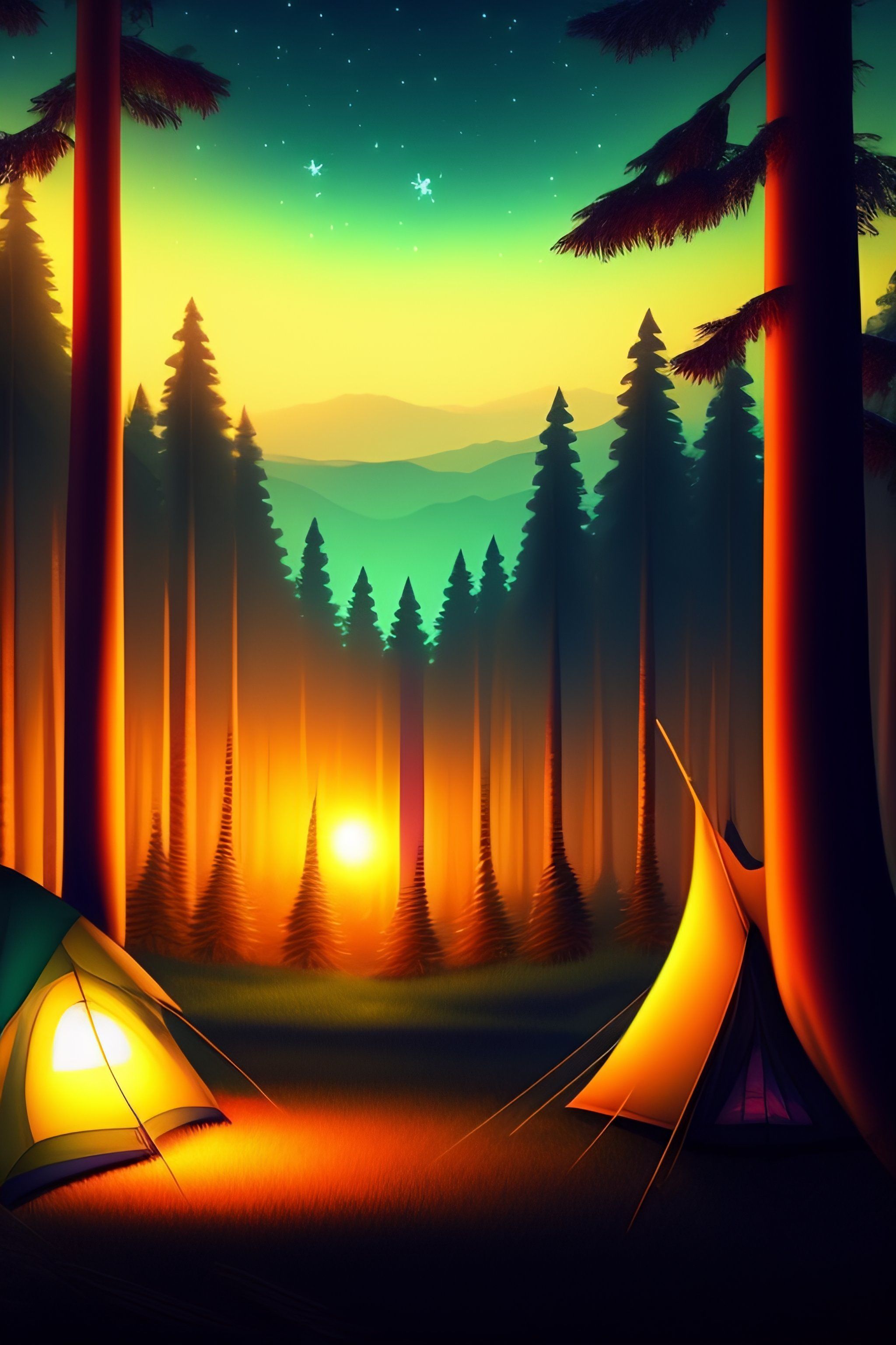 2048x3072 Lexica novel background forest at night fireflies bonfire two tents