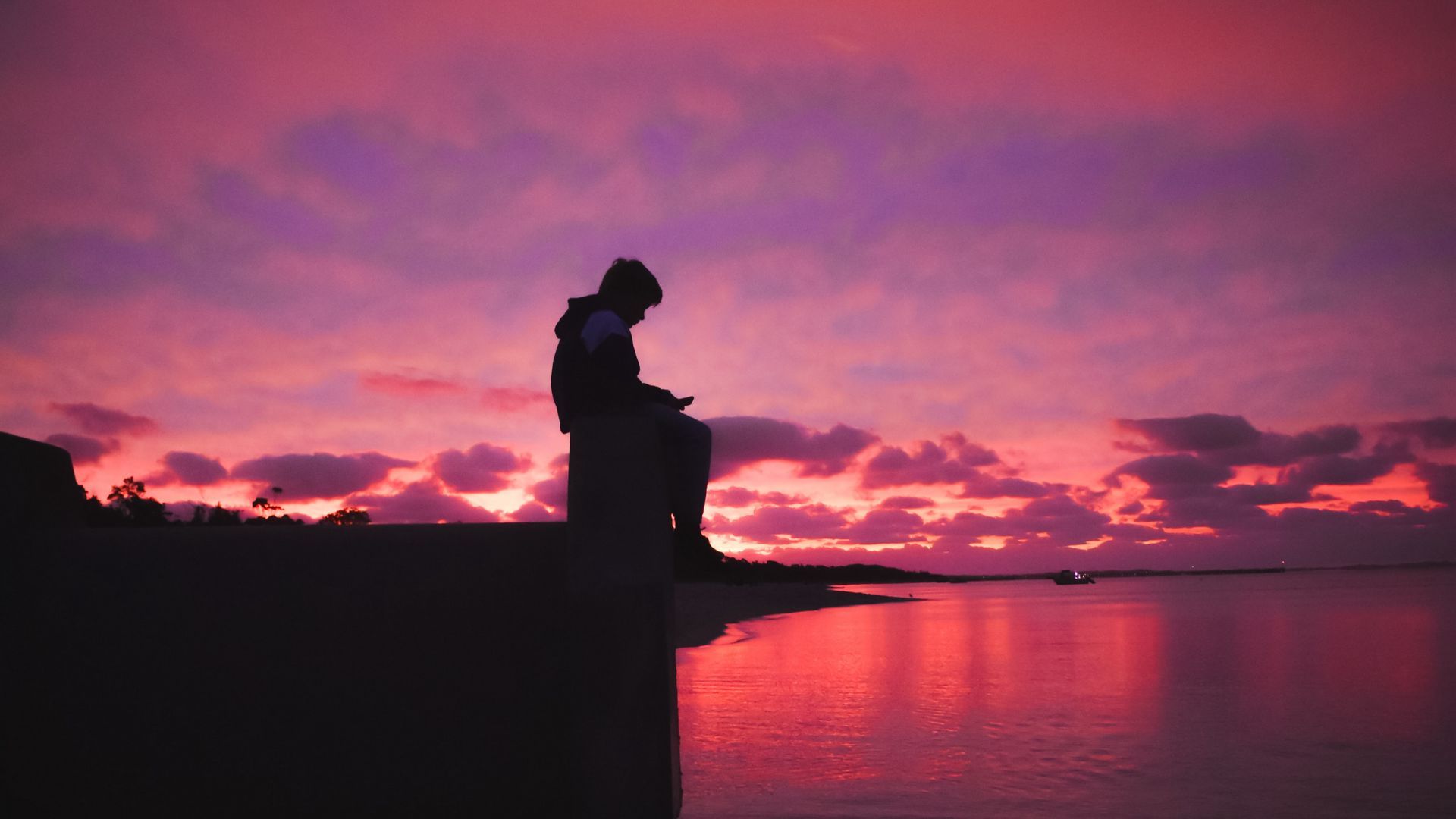 1920x1080 Download wallpaper 1920x1080 silhouette, alone, sad, sea, clouds, sunset, dark full hd, hdtv, fhd, 1080p HD background