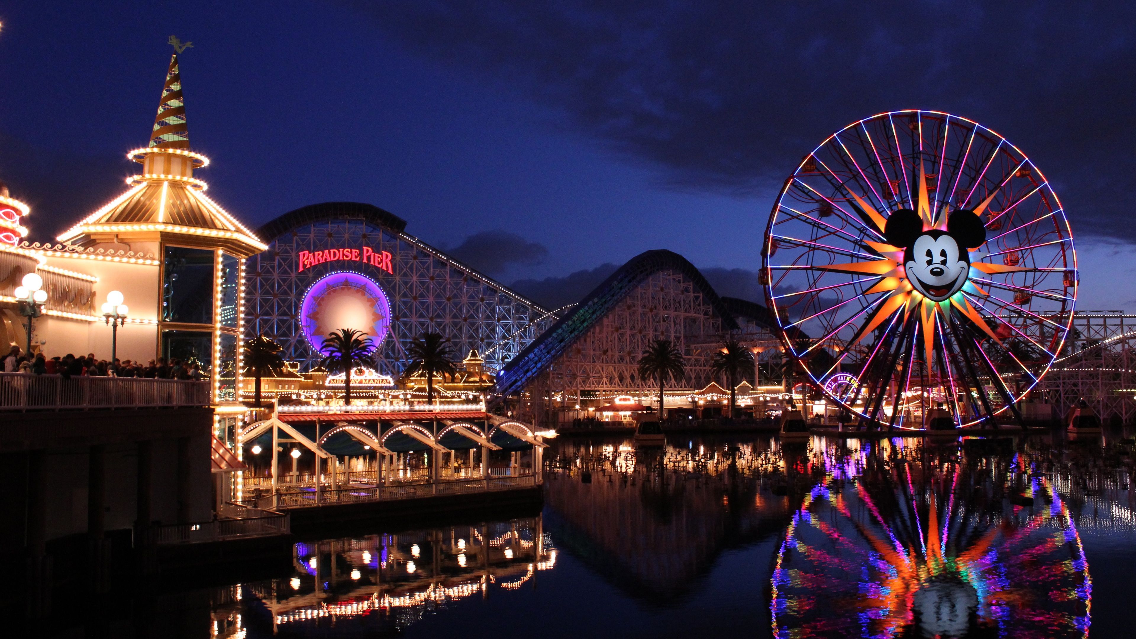3840x2160 Wallpaper Disney California Adventure, Paradise Pier, roller coaster, ferris wheel, night 3840x2160 UHD 4K Picture, Image