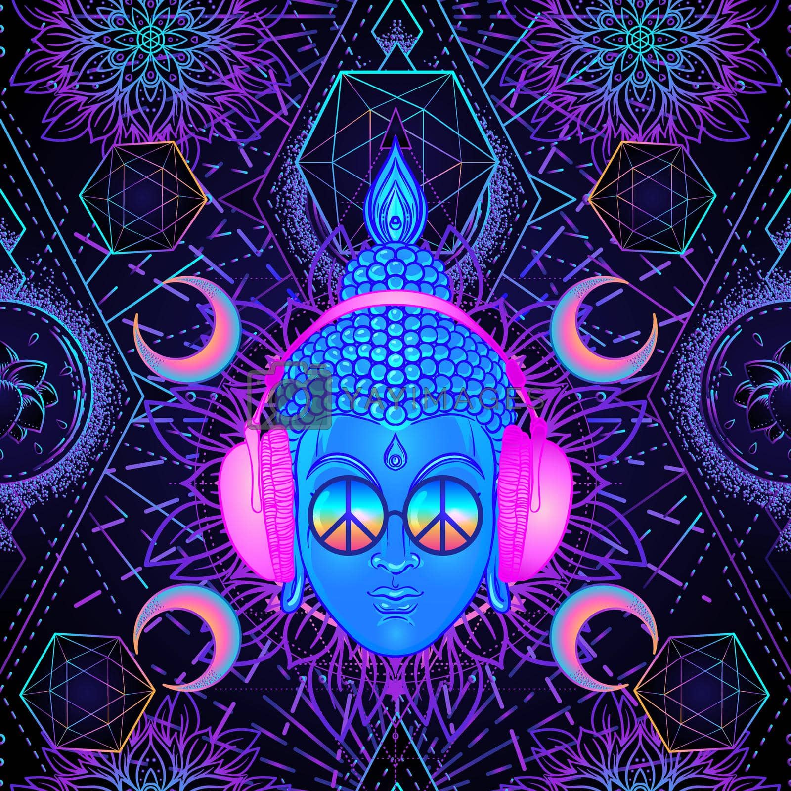 1600x1600 Psychedelic seamless pattern with Buddha in headphones over sacred geometry. Vector illustration. Hippie peace sign on sunglasses. Psychedelic concept. Buddhism, trance music. by varka Vectors & Illustrations with Unlimited Downloads