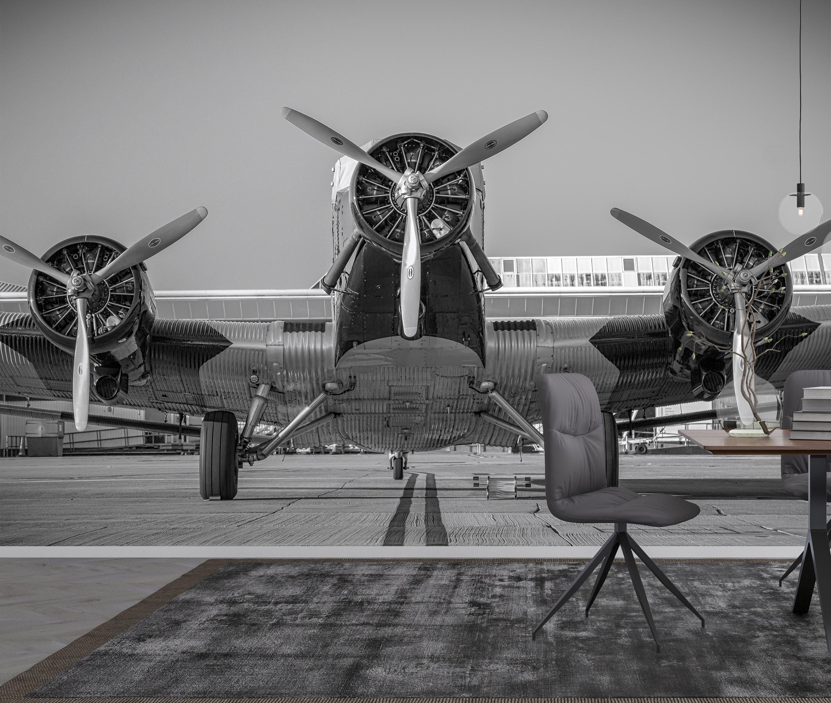 2659x2250 Old Propeller Aircraft Wall Mural, Black and White Airplane Wallpaper, Aviation Wall Art, Pilot Office Decor, Men Cave Wall Decor