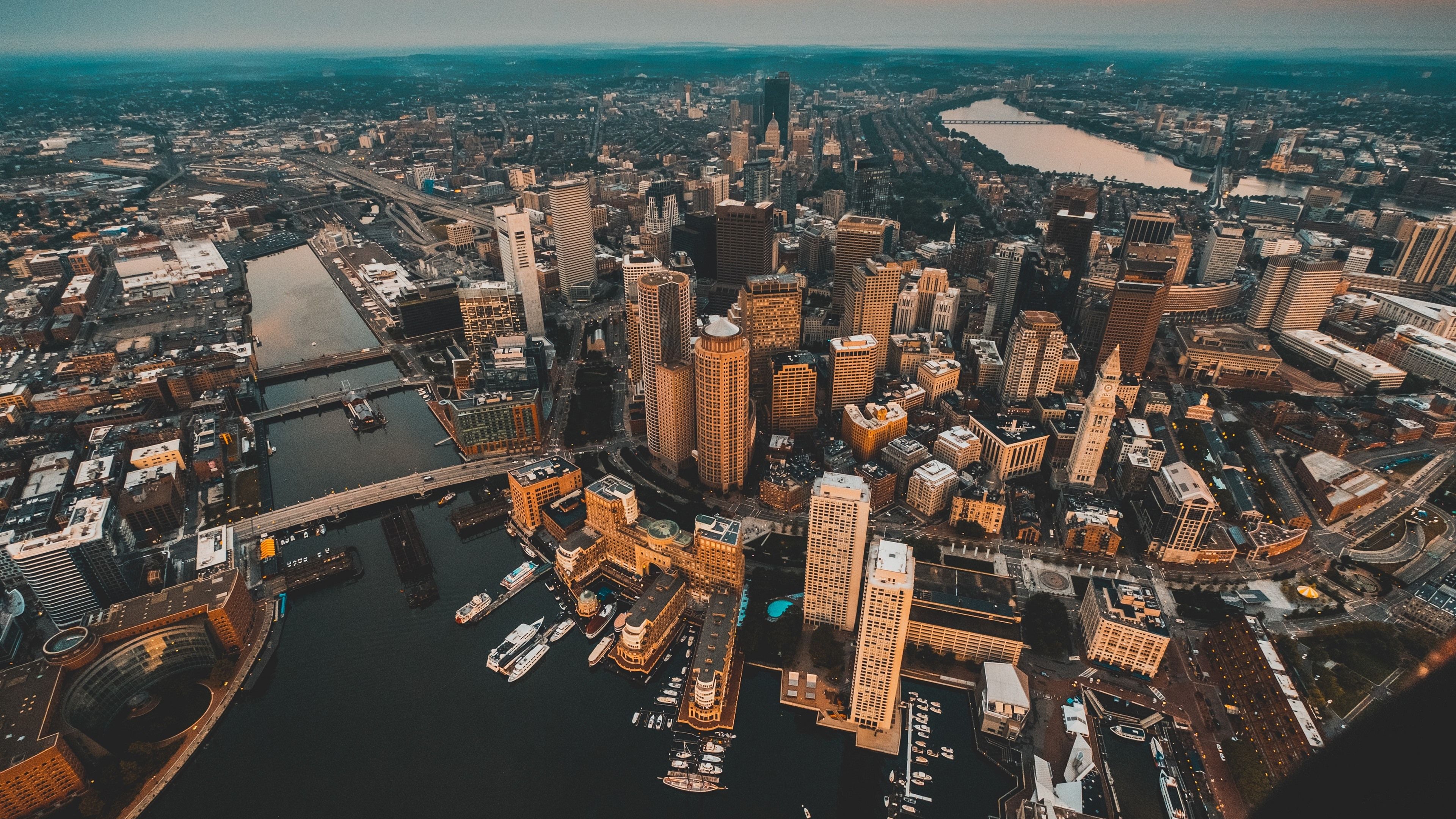 3840x2160 Wallpaper City, top view, skyscrapers, pier, river 3840x2160 UHD 4K Picture, Image