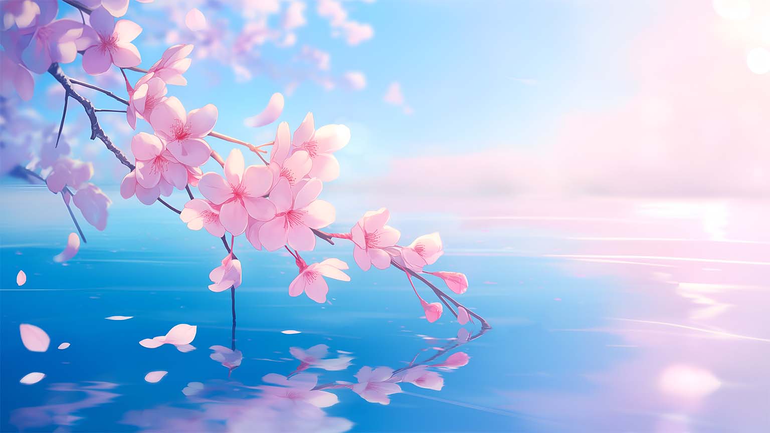 1536x864 Sakura Branch Floating River Serene Aesthetic Desktop Wallpaper