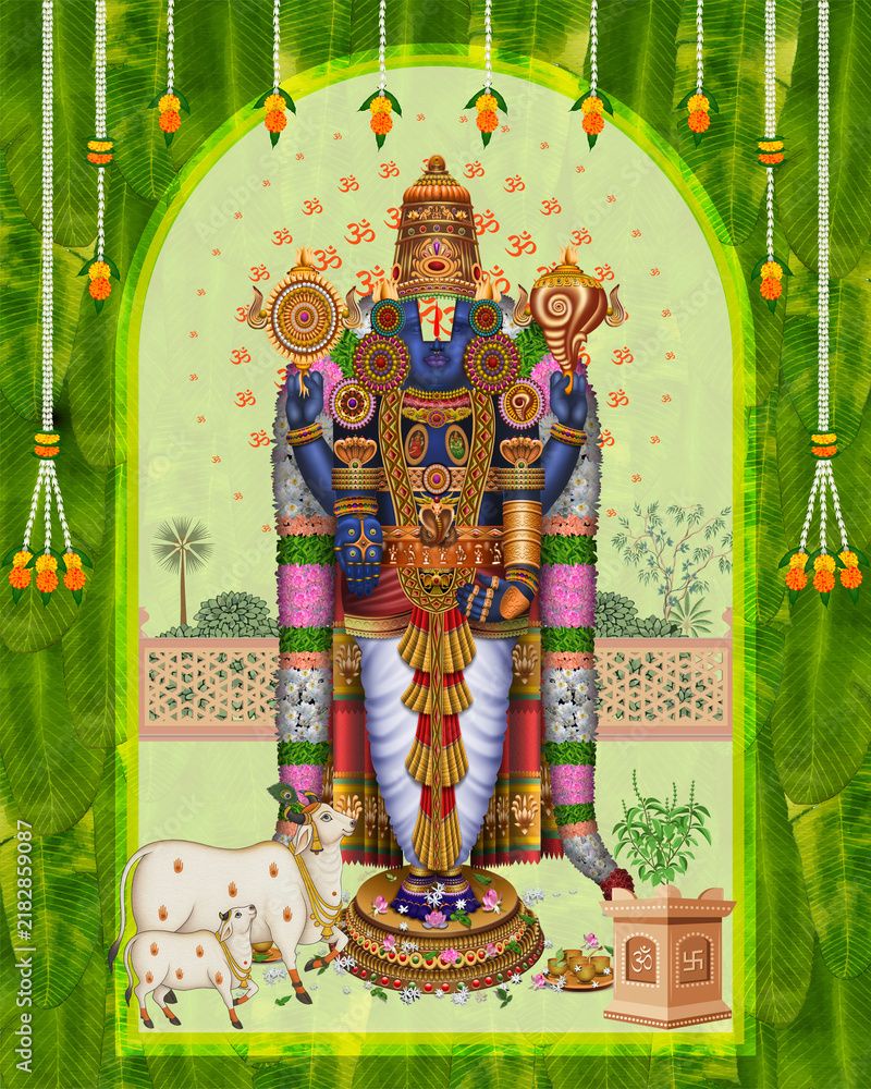 800x1000 Photography Poster Lord Tirupati Balaji Venkateswara Standing with Cow and Calf on Green Background