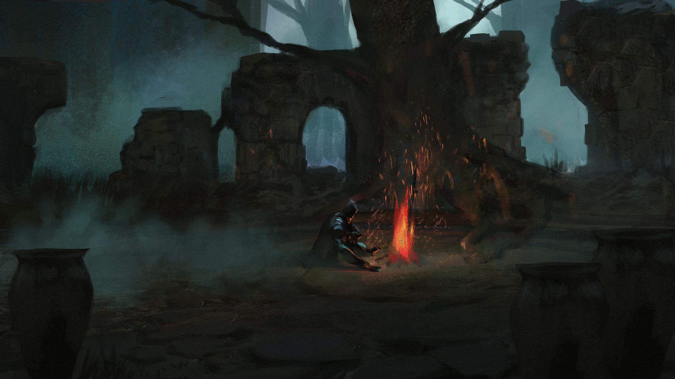 2560x1440 Dark Souls Bonfire Dark Souls Night Ruin Warrior HD Games Wallpaper