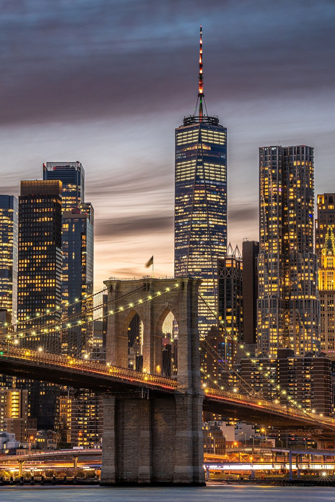 1080x1618 Layered Night View Brooklyn Bridge and One World Trade Center. WALLPAPER. Ready for PRINT