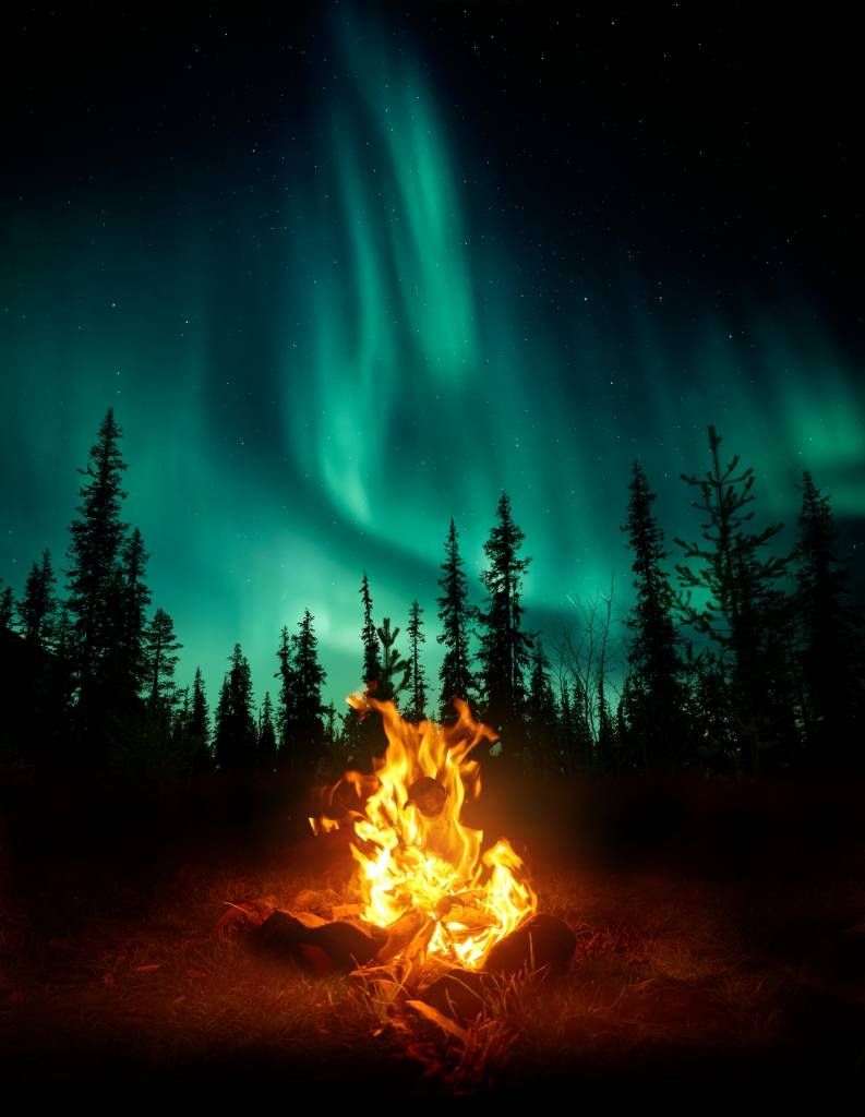 793x1024 Campfire under the northern lights